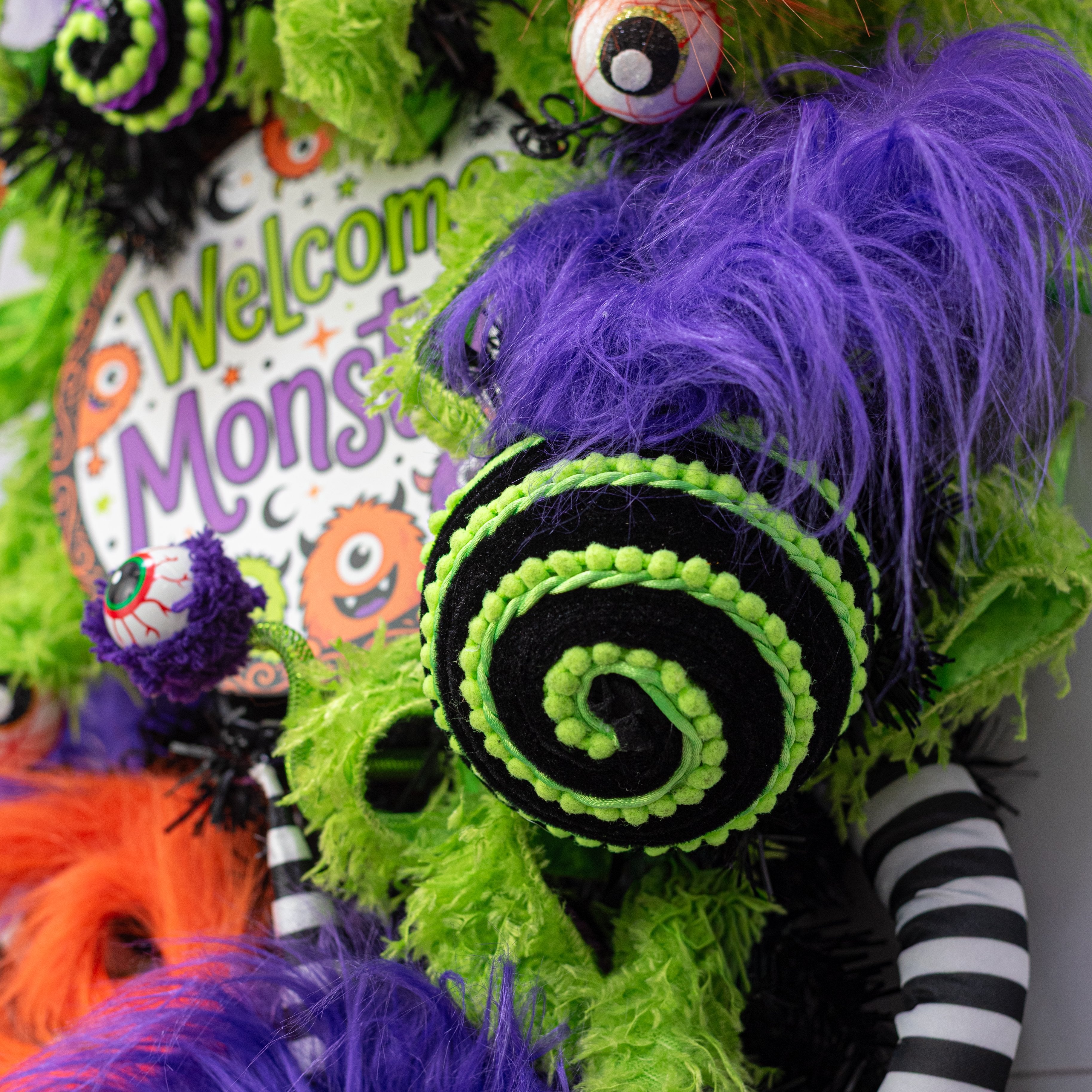 5" Chenille Pom Pom & Cording Ornament: Neon Green & Black Lifestyle Photo