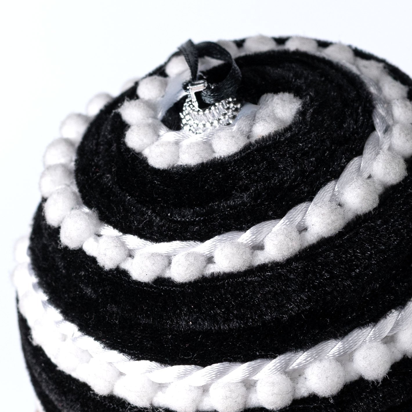 5" Chenille Pom Pom & Cording Ornament: White & Black detail photo 3