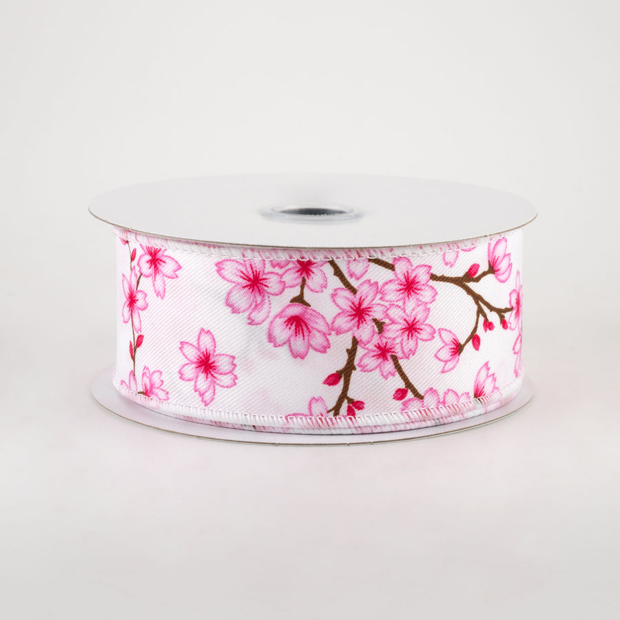 1.5" Cherry Blossoms Ribbon: White & Pink (10 Yards)