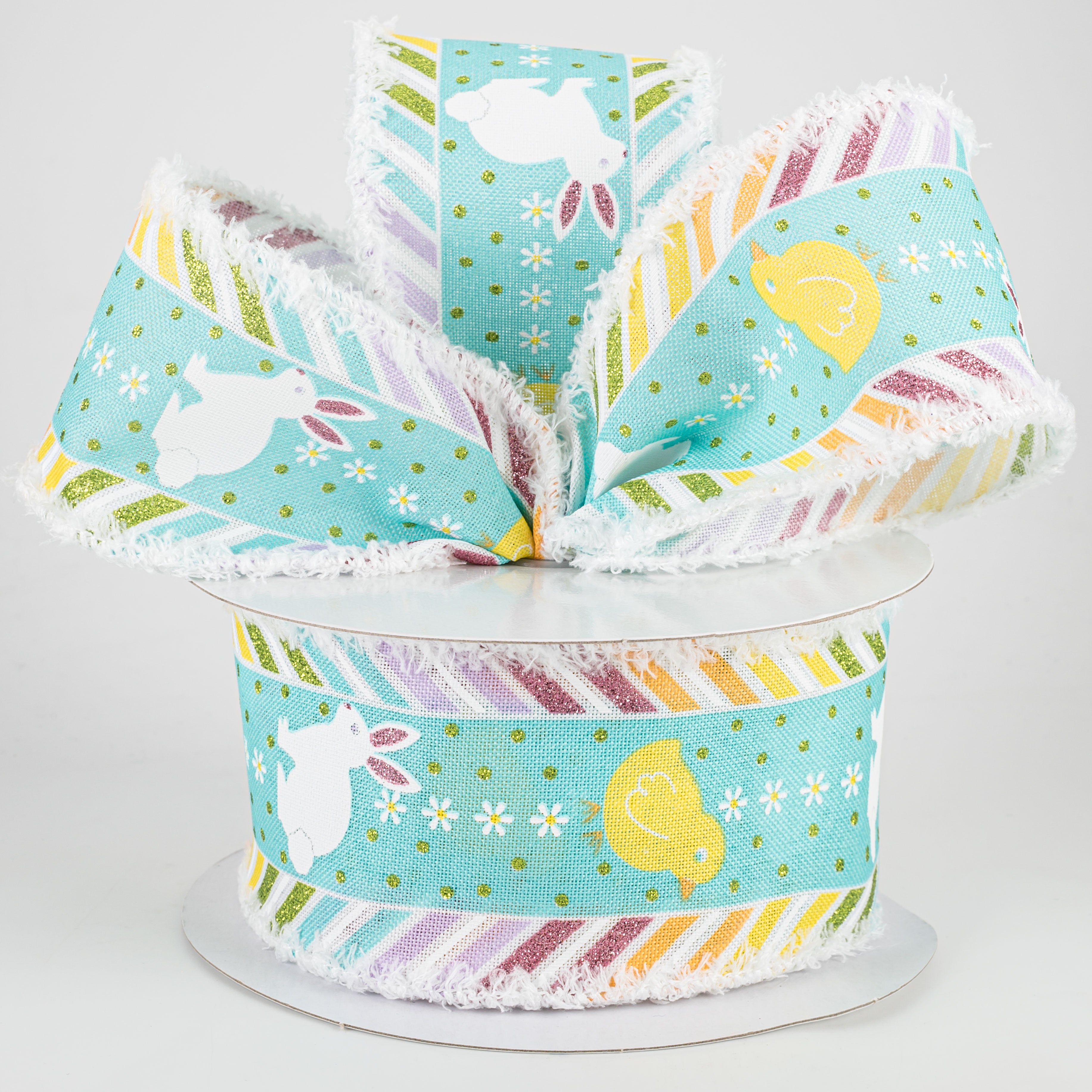 2.5" Chick, Bunny, Diagonal Stripe Fuzzy Edge Ribbon: Robin's Egg Blue (10 Yards) Lifestyle Photo