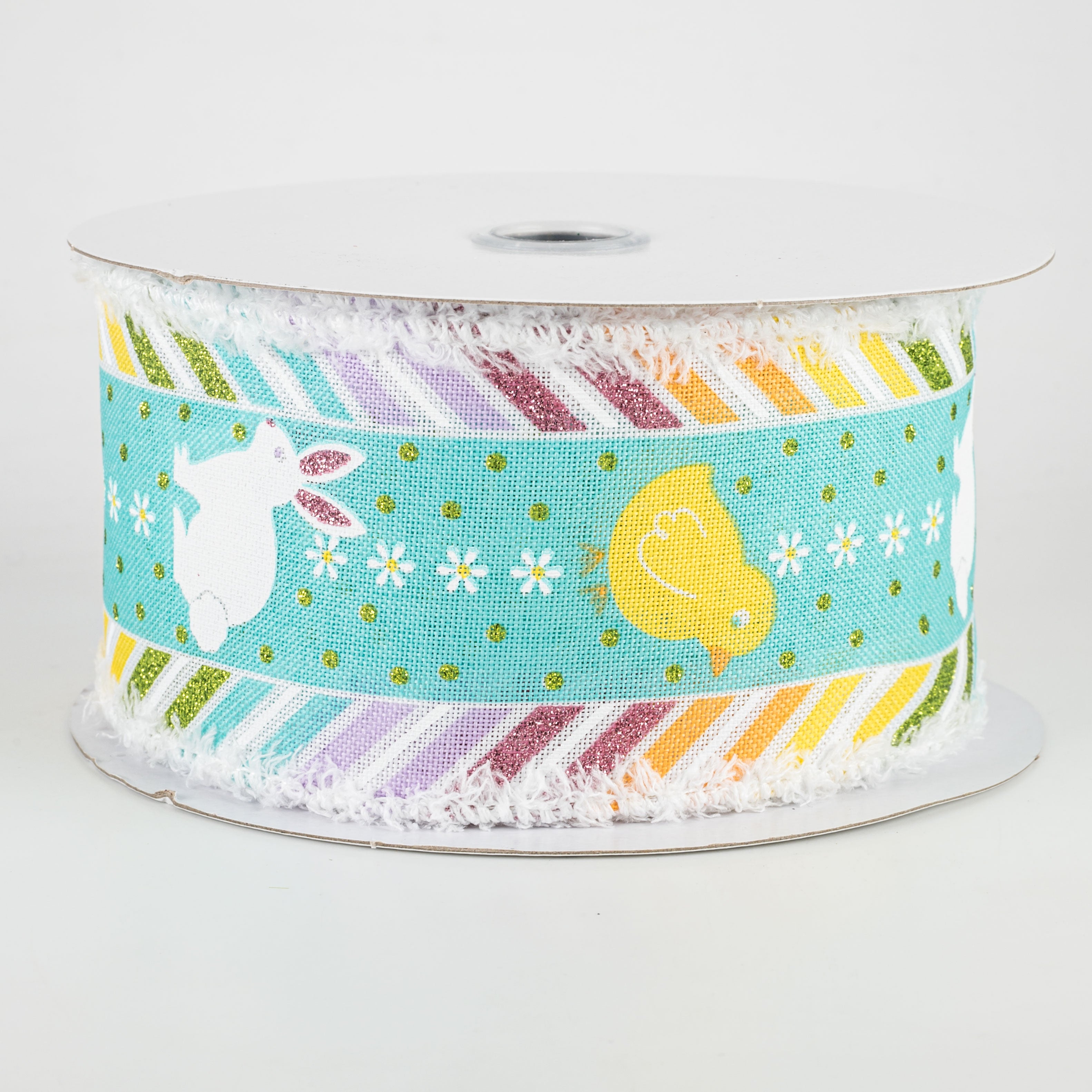 2.5" Chick, Bunny, Diagonal Stripe Fuzzy Edge Ribbon: Robin's Egg Blue (10 Yards)