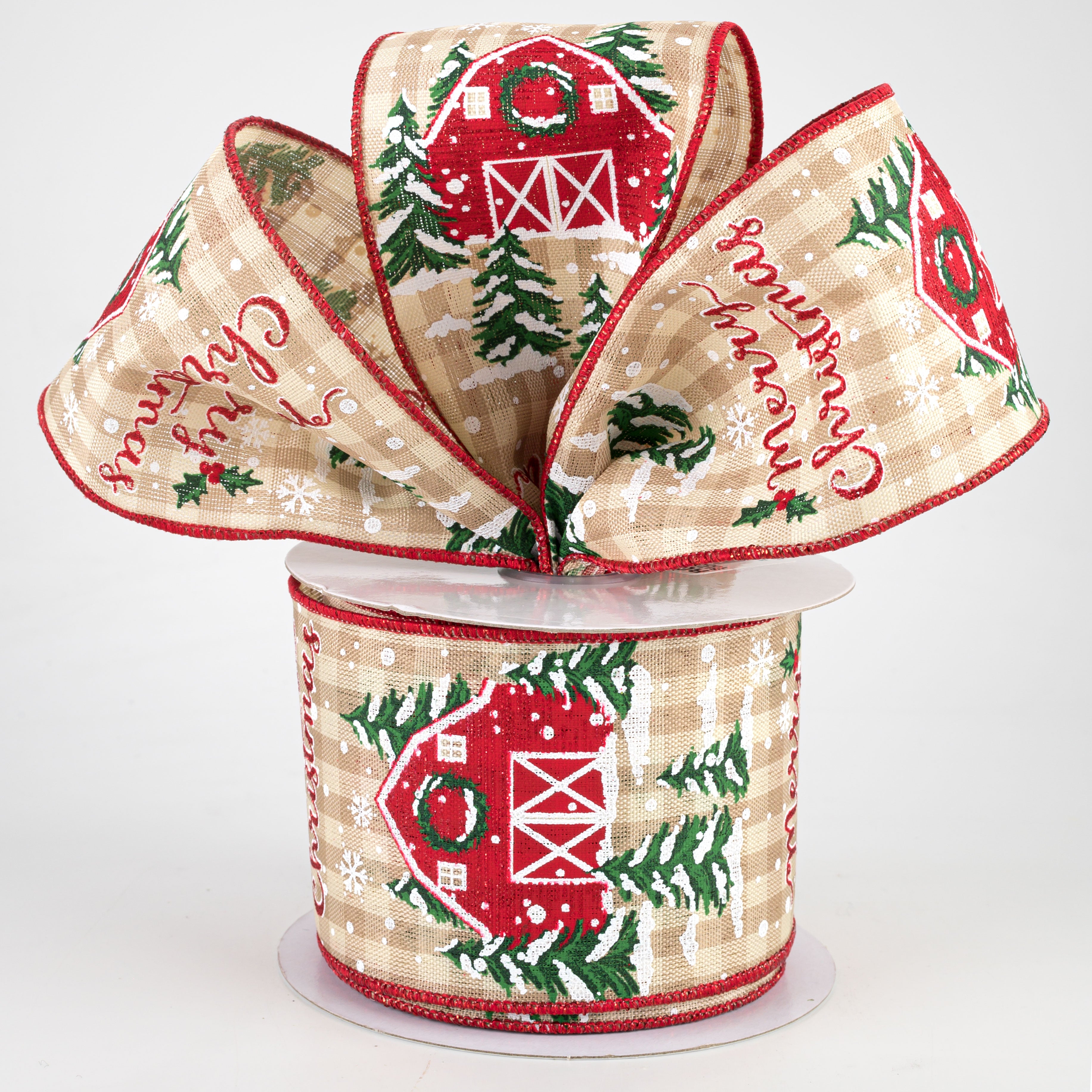 2.5" Christmas Barn Check Ribbon: Beige & Ivory (10 Yards) Lifestyle Photo