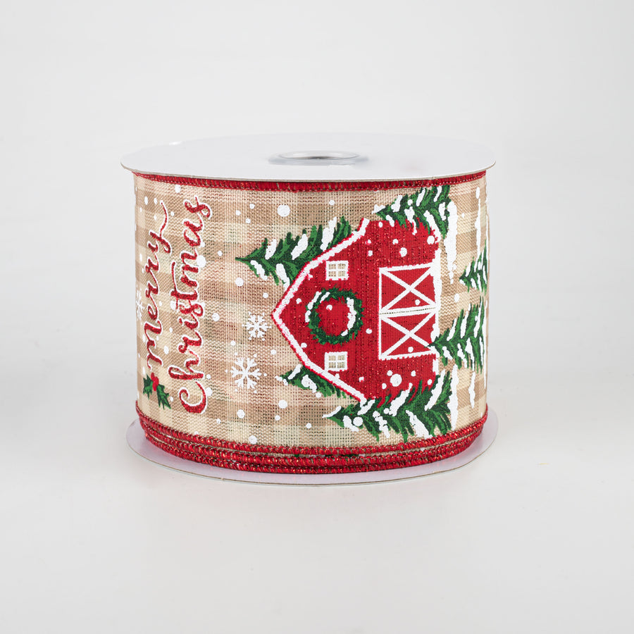 2.5" Christmas Barn Check Ribbon: Beige & Ivory (10 Yards)