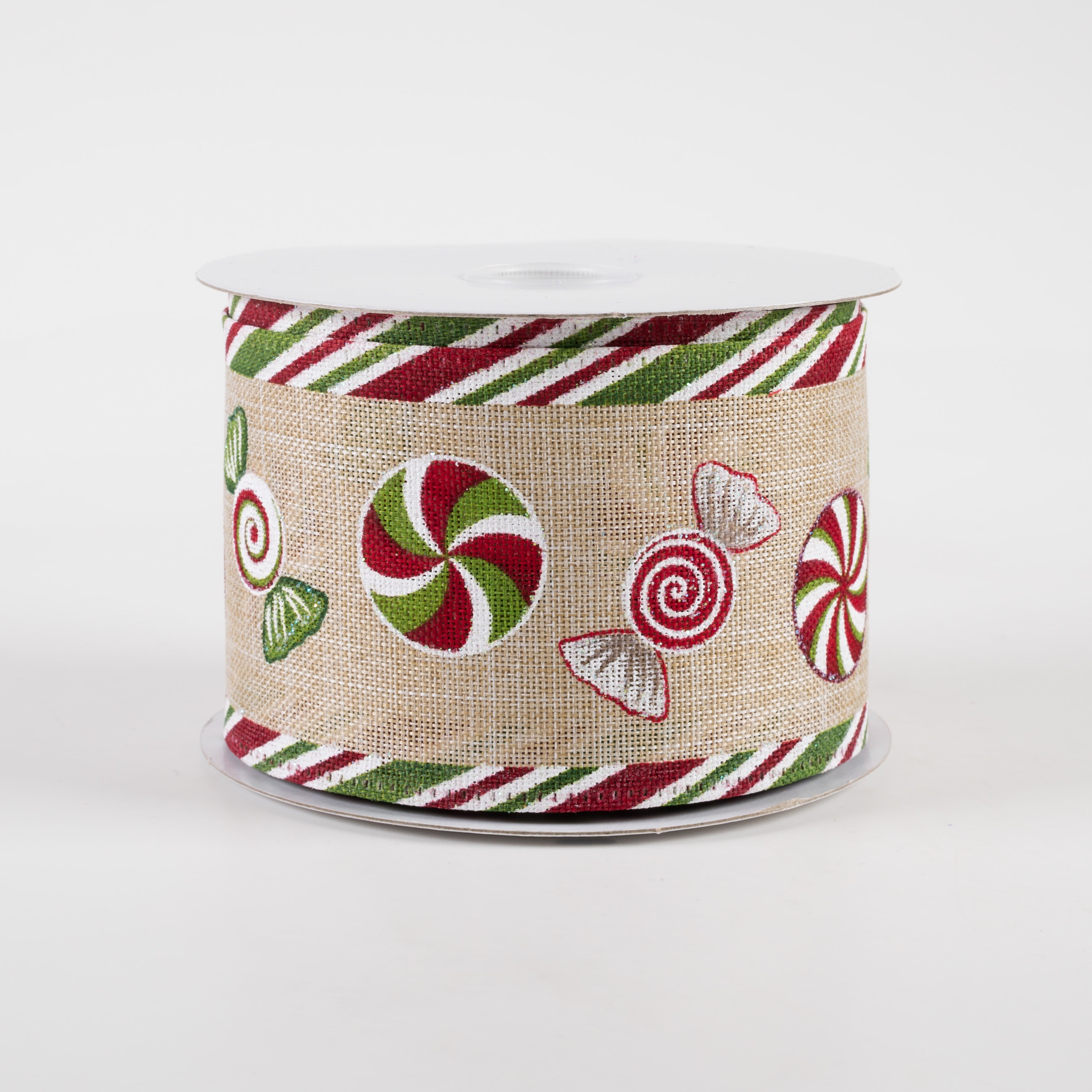 2.5" Christmas Candy Edge Linen Ribbon: Natural, Green, Red (10 Yards) Item Number: 75216-40-17