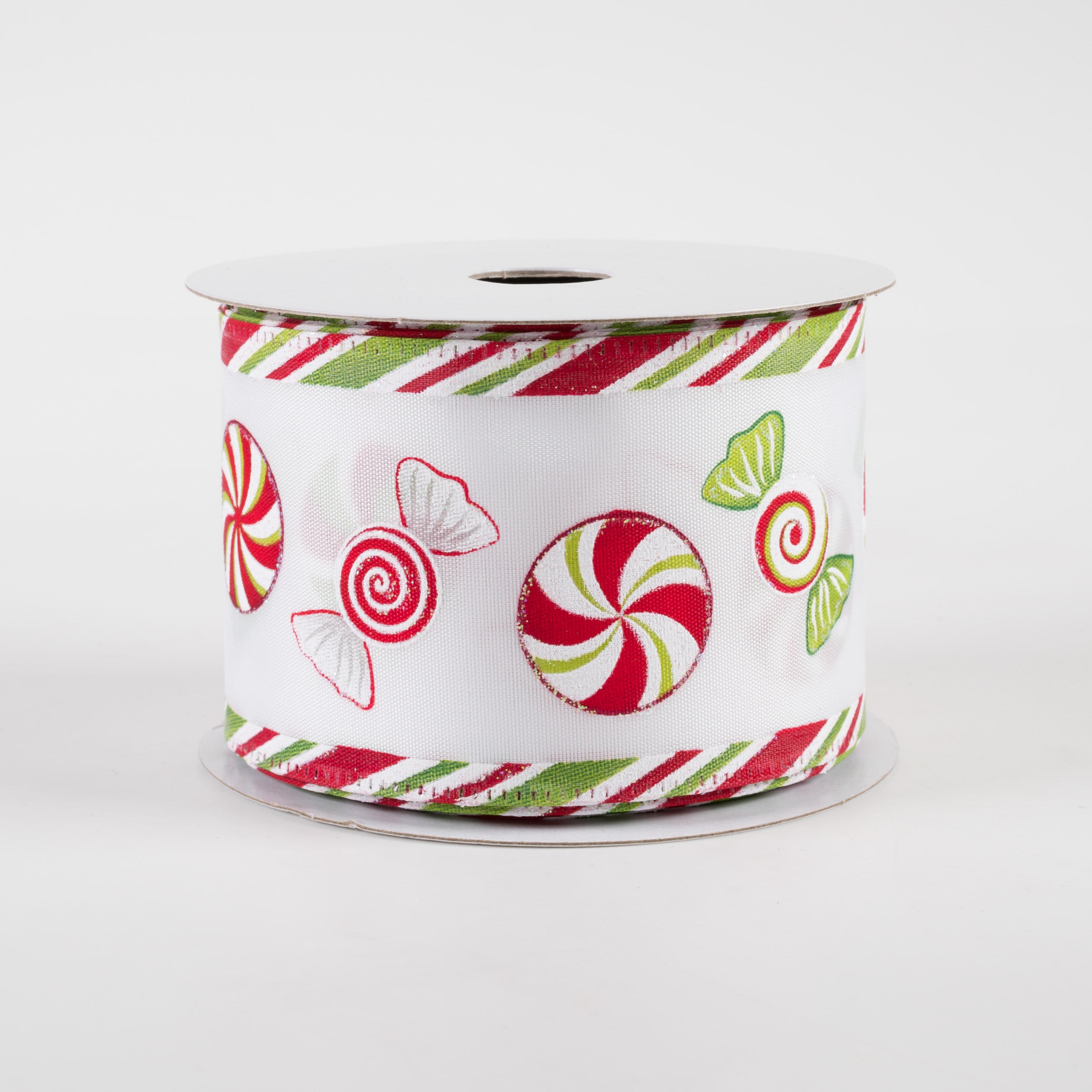2.5" Christmas Candy Edge Satin Ribbon: White, Green, Red (10 Yards) Item Number: 75215-40-01