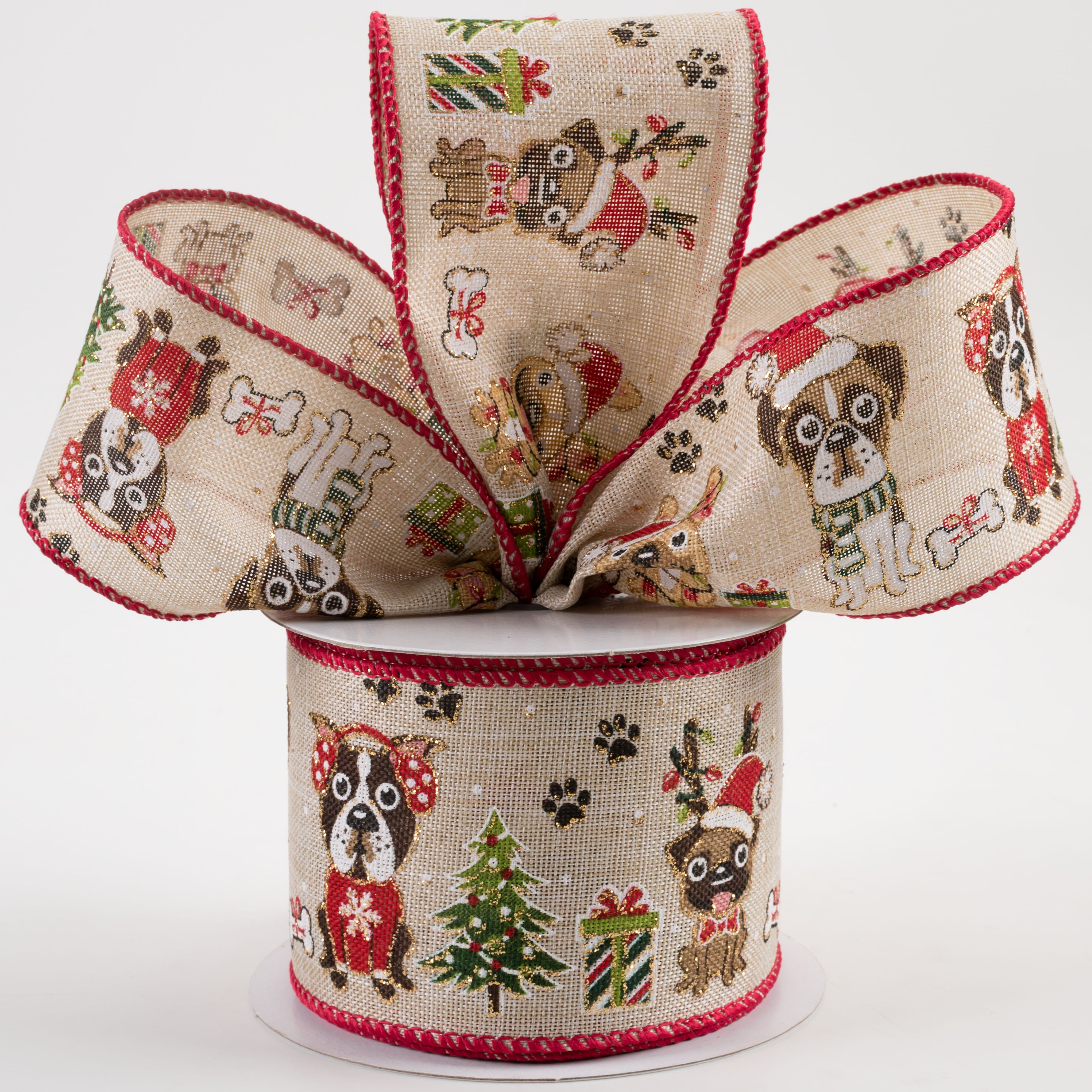 2.5" Christmas Dogs, Gifts, Paws Ribbon: Natural (10 Yards) Lifestyle Photo