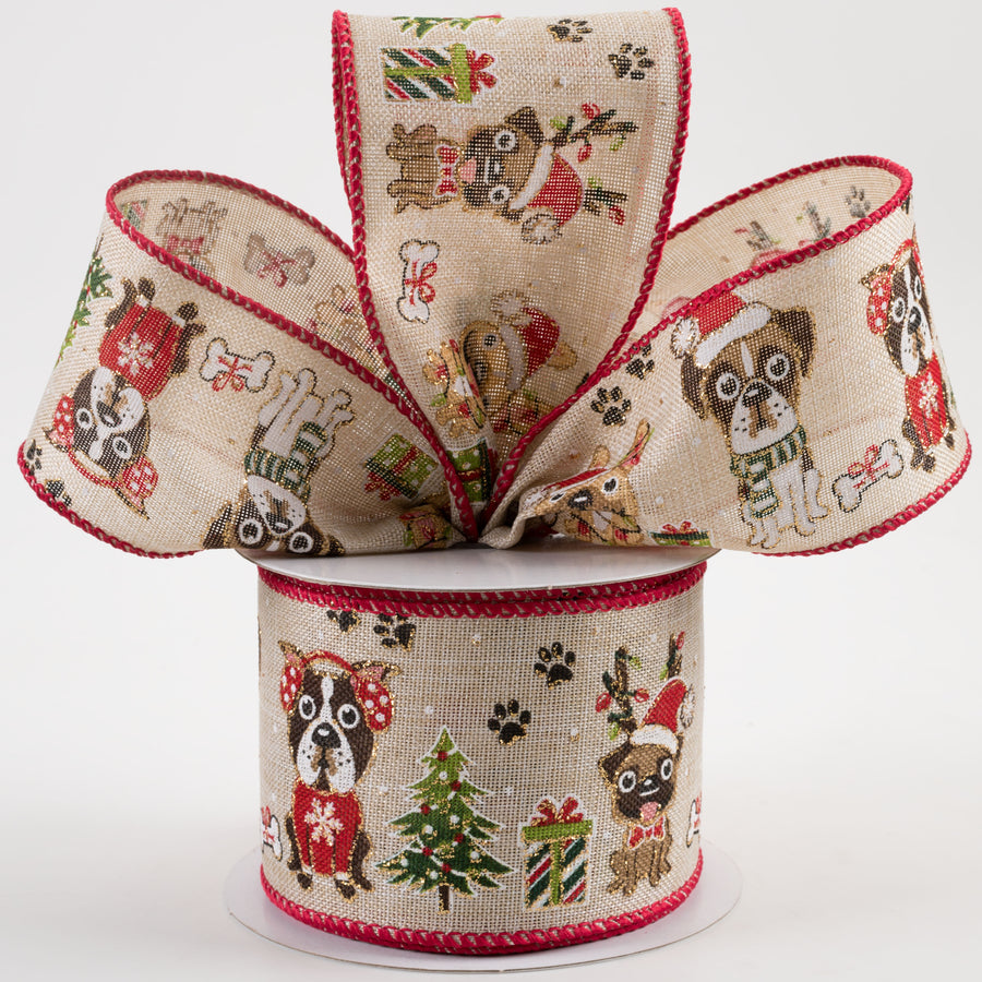 2.5" Christmas Dogs, Gifts, Paws Ribbon: Natural (10 Yards) Lifestyle Photo