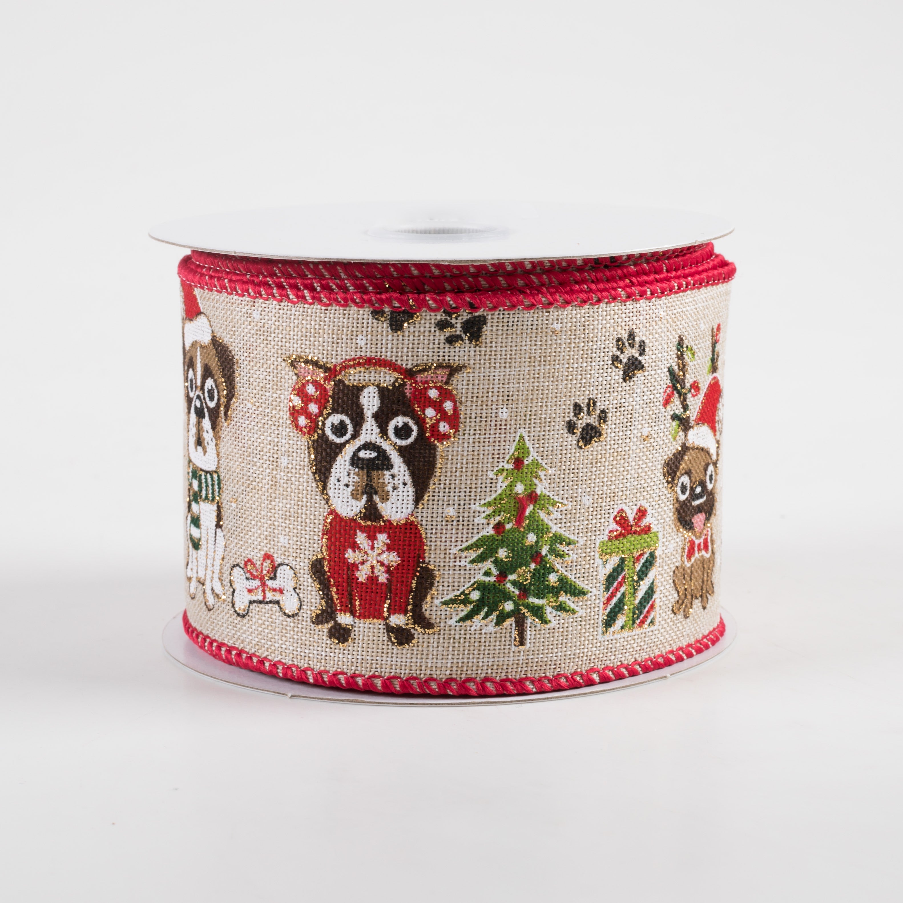 2.5" Christmas Dogs, Gifts, Paws Ribbon: Natural (10 Yards)