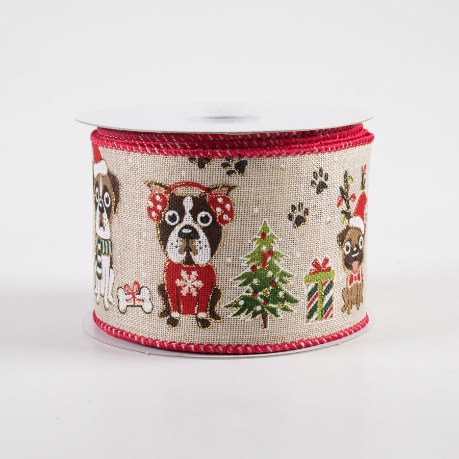2.5" Christmas Dogs, Gifts, Paws Ribbon: Natural (10 Yards)