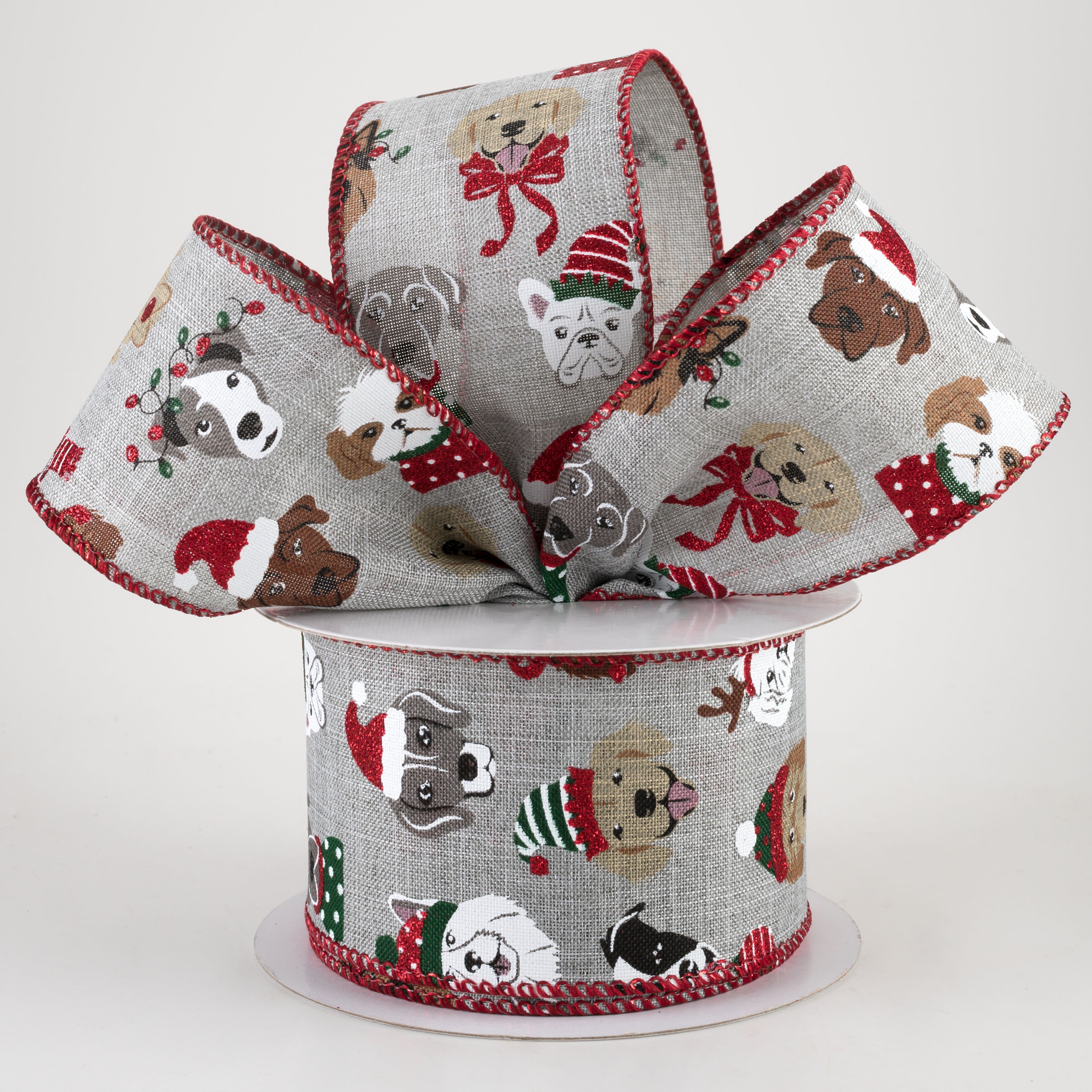 2.5" Christmas Dogs Ribbon: Light Grey (10 Yards) Lifestyle Photo
