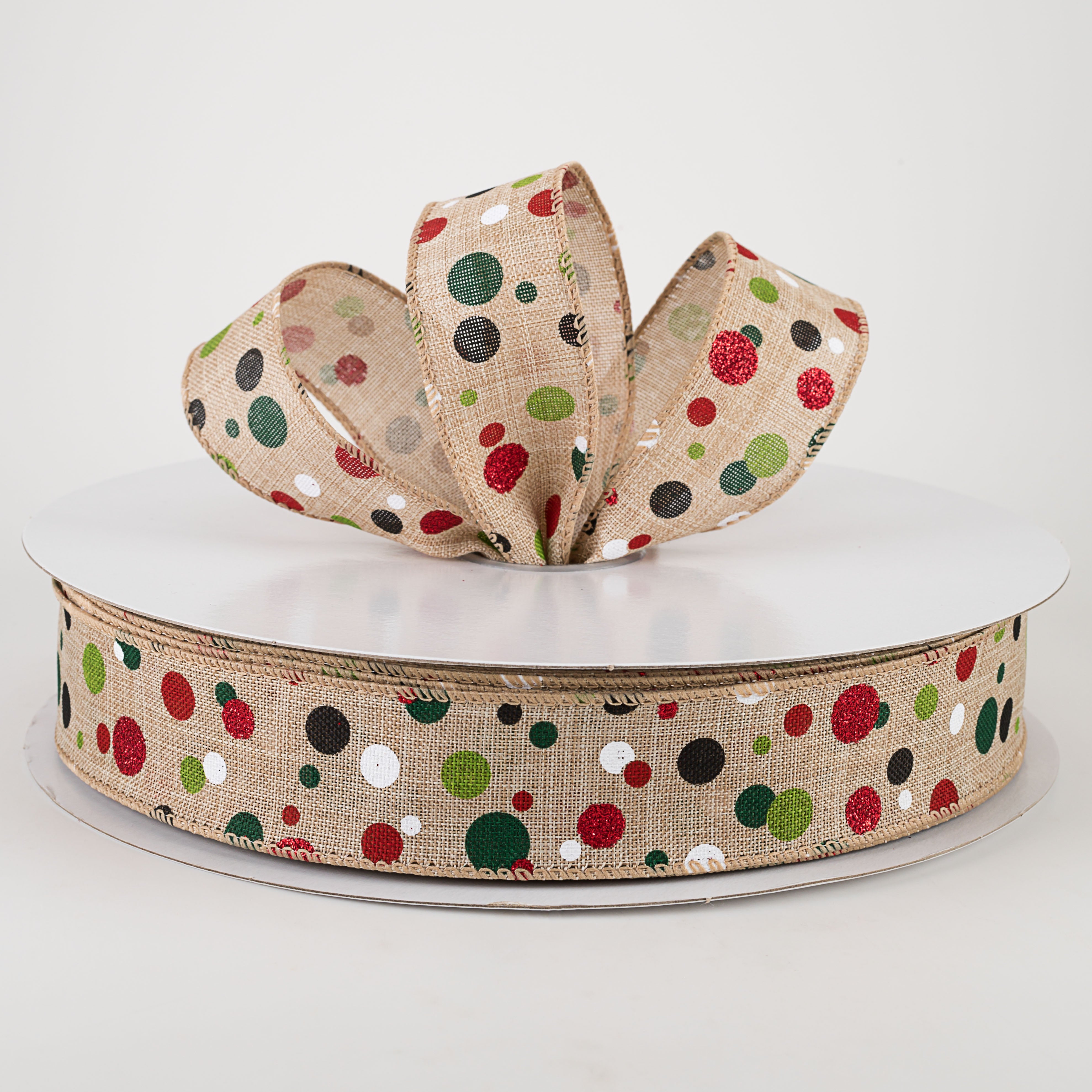 1.5" Christmas Dots Ribbon: Natural (50 Yards) Lifestyle Photo