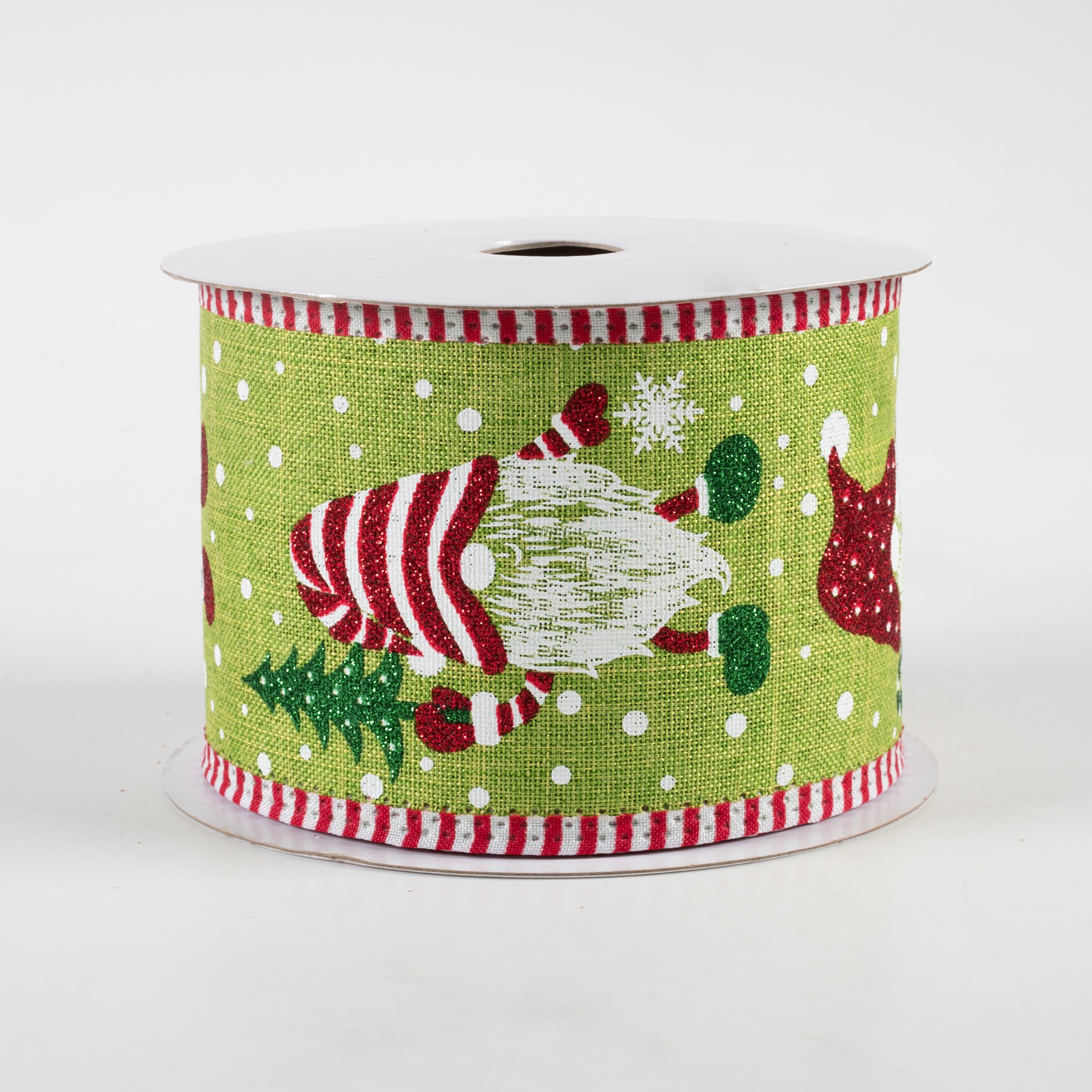 2.5" Christmas Gnome Candy Cane Edge Ribbon: Fresh Green