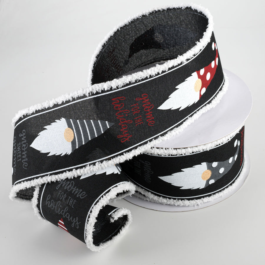 2.5" Christmas Gnome Heads Fuzzy Edge Ribbon: Black (10 Yards) Lifestyle Photo