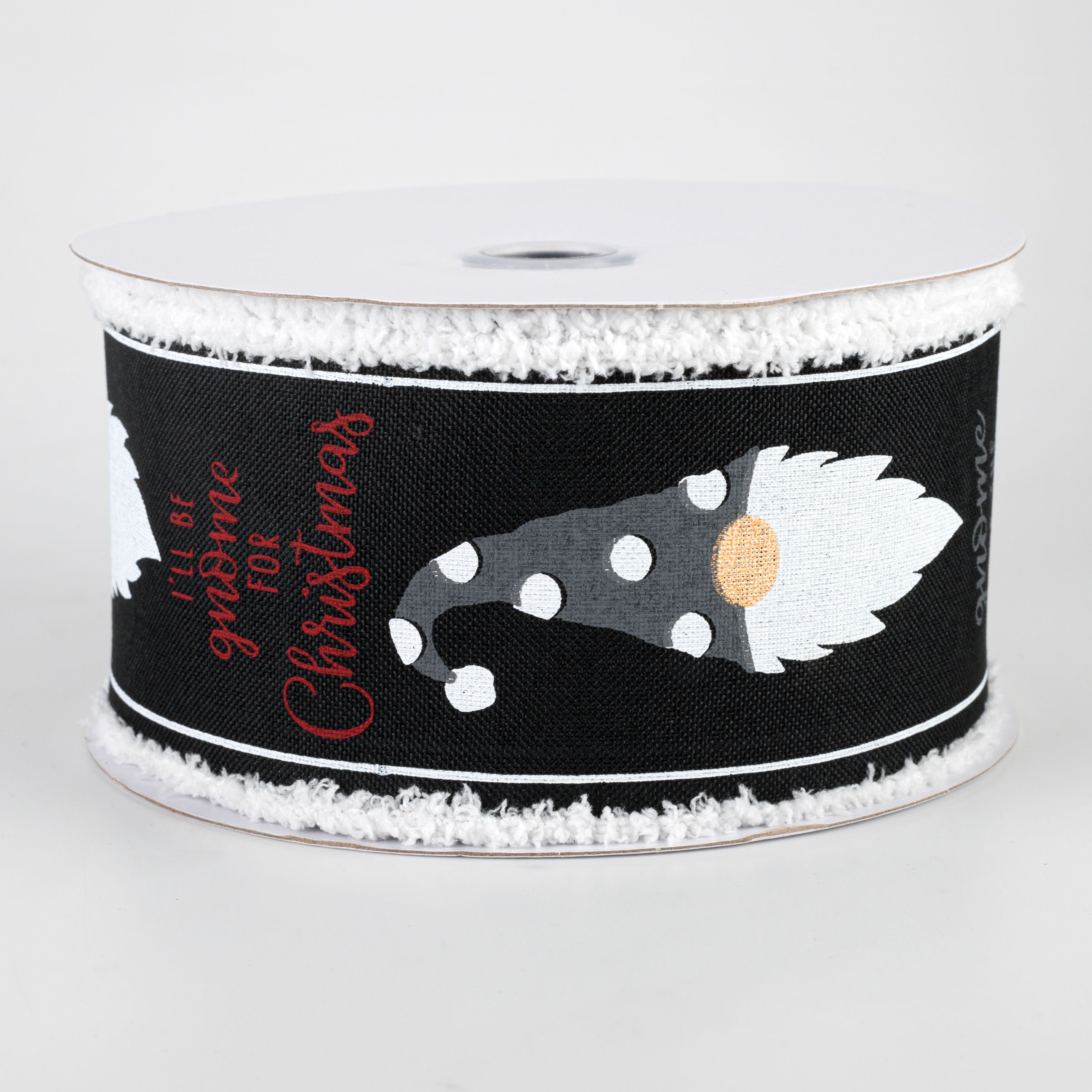 2.5" Christmas Gnome Heads Fuzzy Edge Ribbon: Black (10 Yards)
