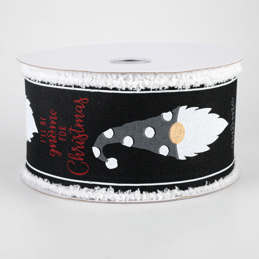 2.5" Christmas Gnome Heads Fuzzy Edge Ribbon: Black (10 Yards)