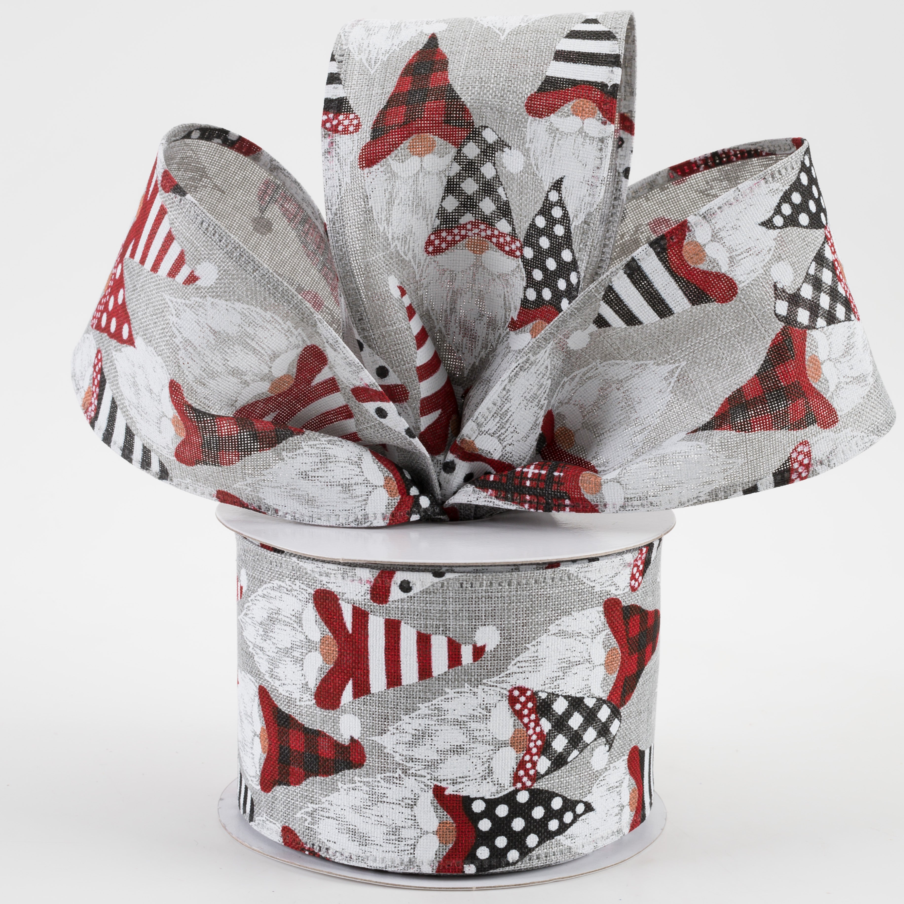 2.5" Christmas Gnome Heads Linen Ribbon: Grey (10 Yards) Lifestyle Photo