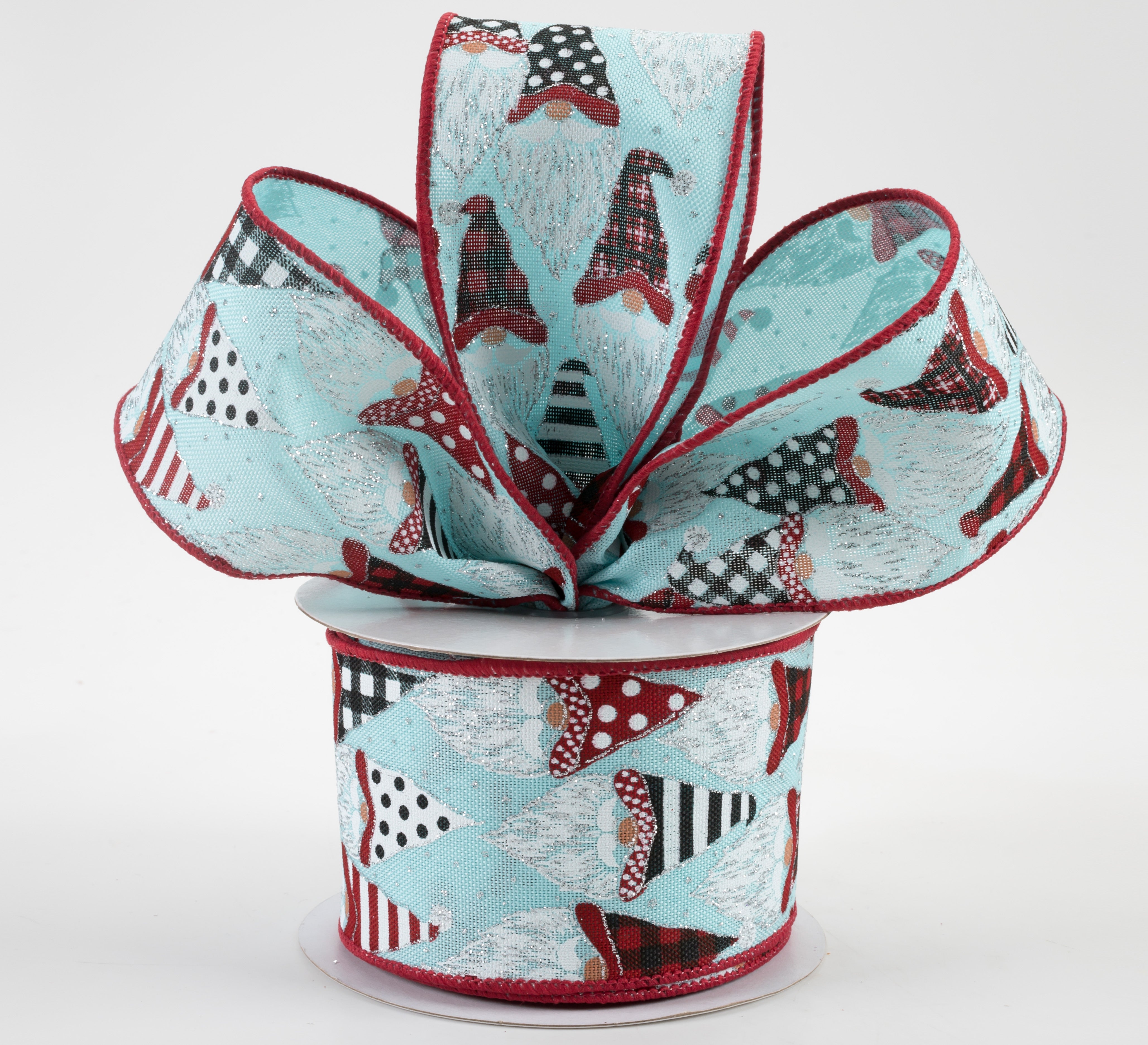 2.5" Christmas Gnome Heads Ribbon: Ice Blue, Red, Black (10 Yards) Lifestyle Photo