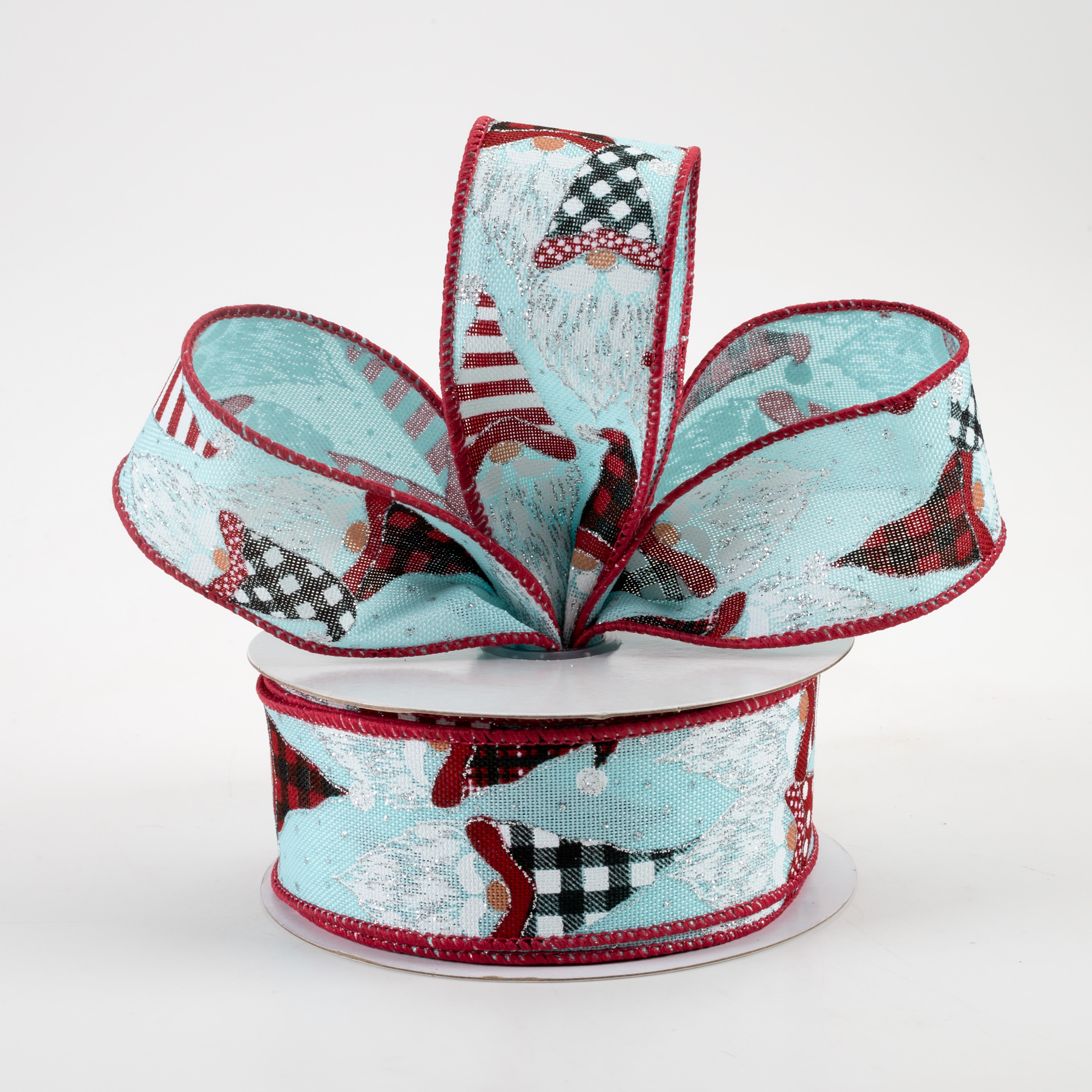 1.5" Christmas Gnome Heads Ribbon: Ice Blue, Red, Black (10 Yards) Lifestyle Photo