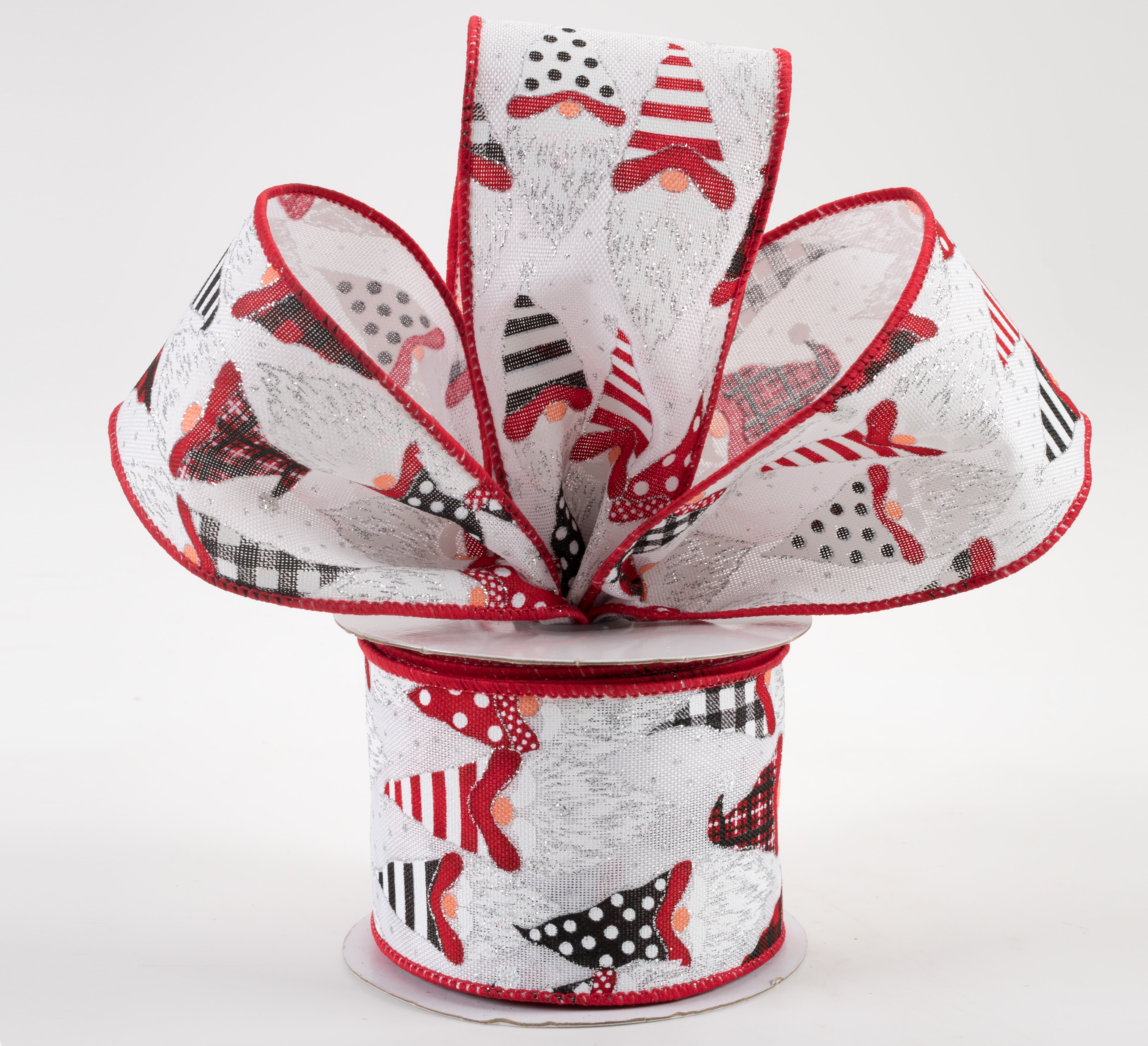 2.5" Christmas Gnome Heads Ribbon: White, Red, Black (10 Yards) Lifestyle Photo
