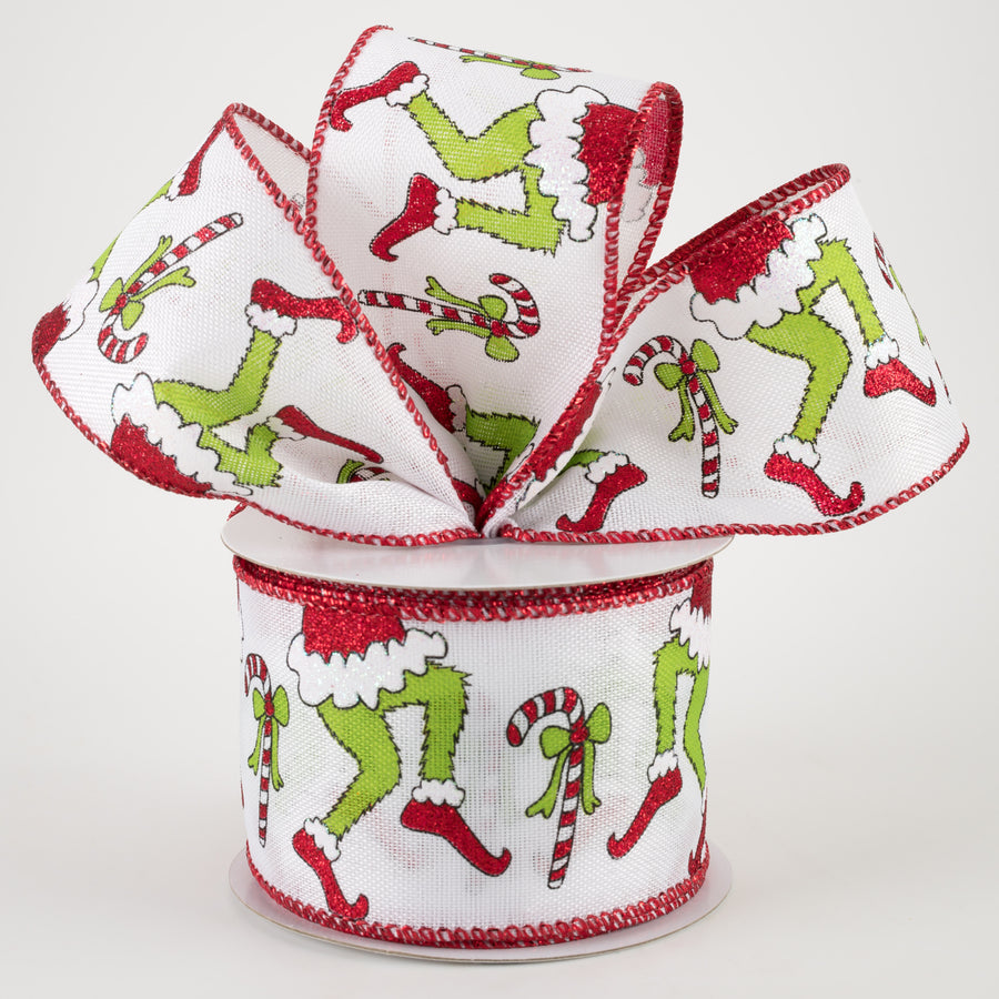 2.5" Christmas Green Monster Legs & Candy Canes Ribbon: Red (10 Yards) Lifestyle Photo