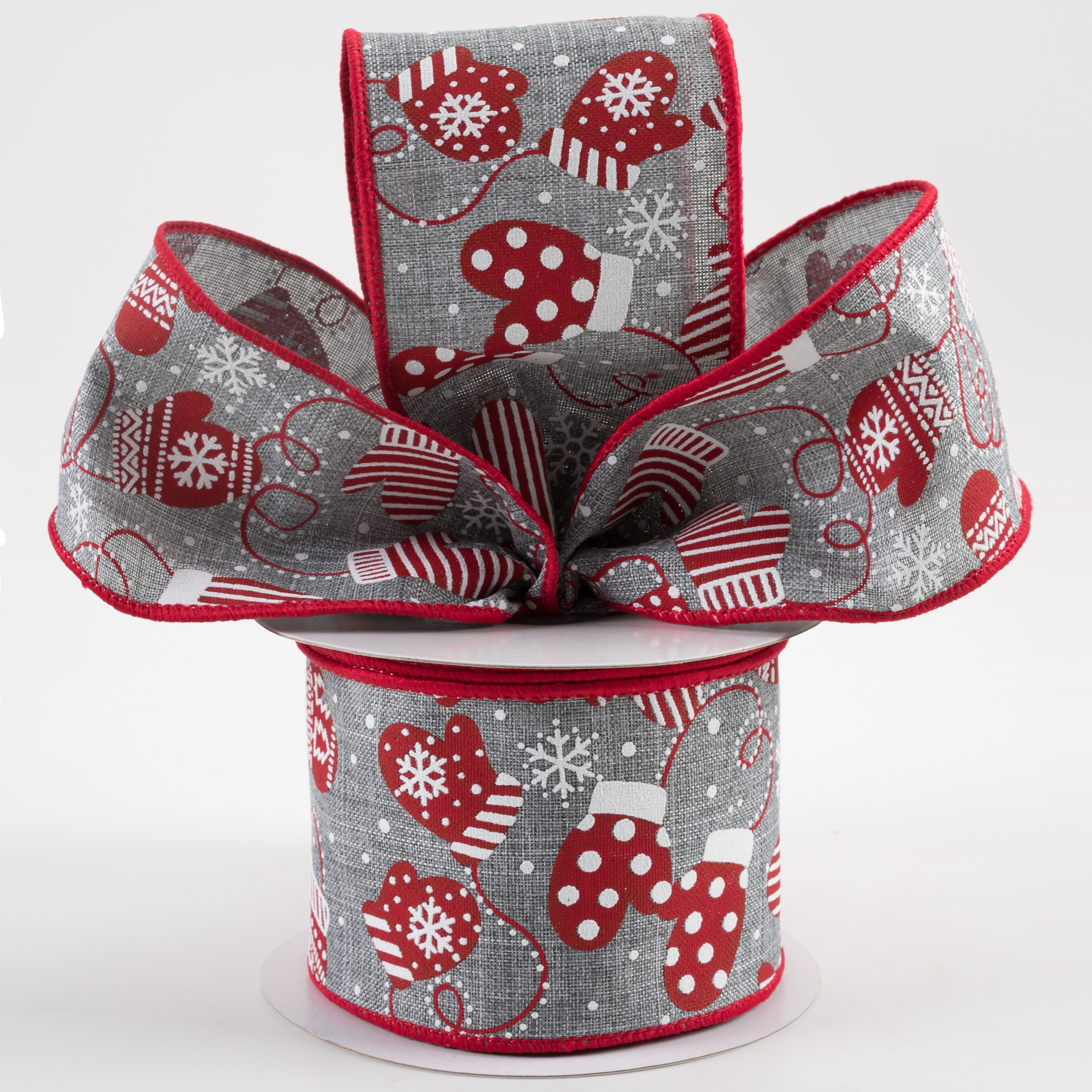 2.5" Christmas Mittens Ribbon: Grey & Red (10 Yards) Lifestyle Photo