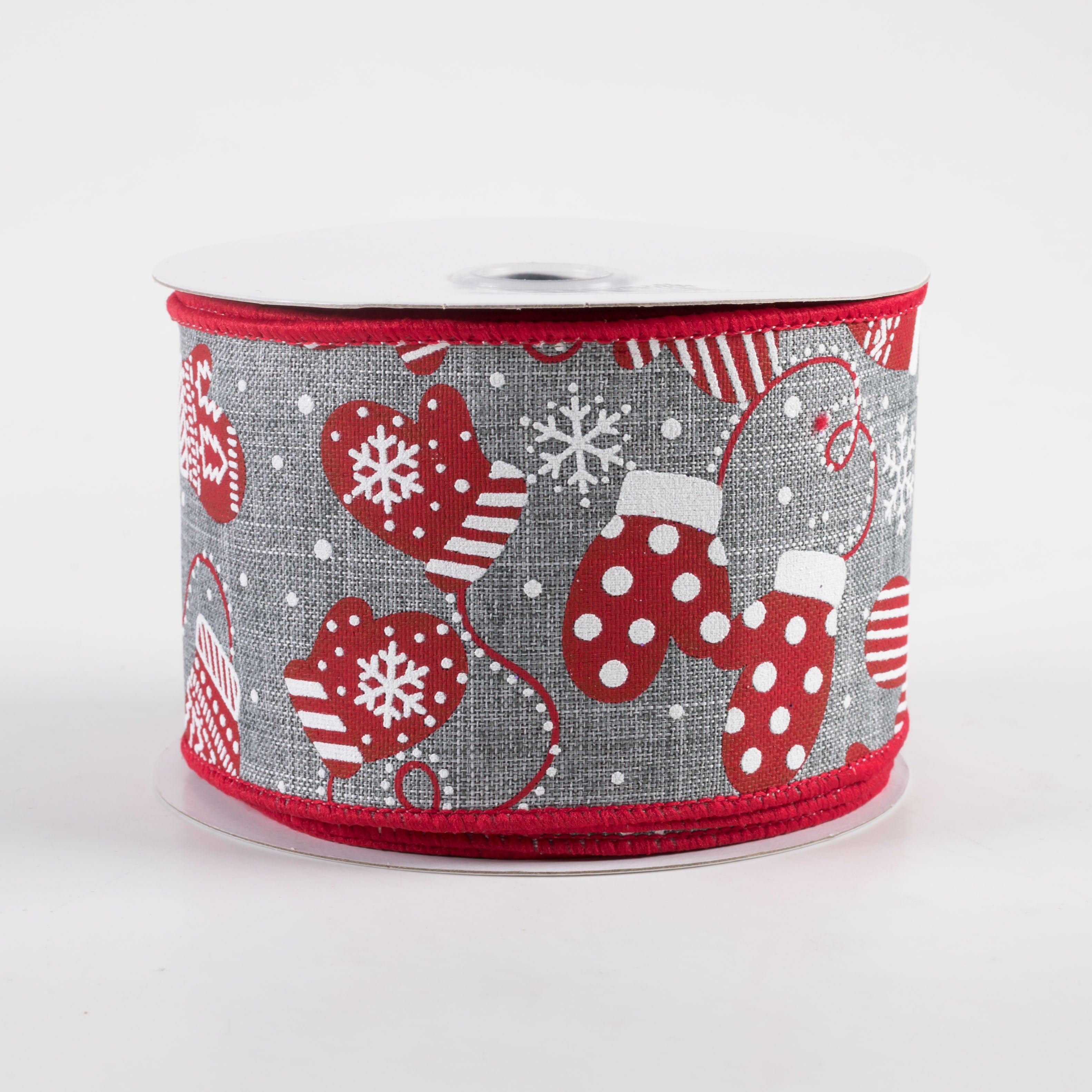 2.5" Christmas Mittens Ribbon: Grey & Red (10 Yards)