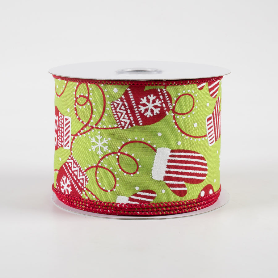2.5" Christmas Mittens Ribbon: Lime & Red (10 Yards)
