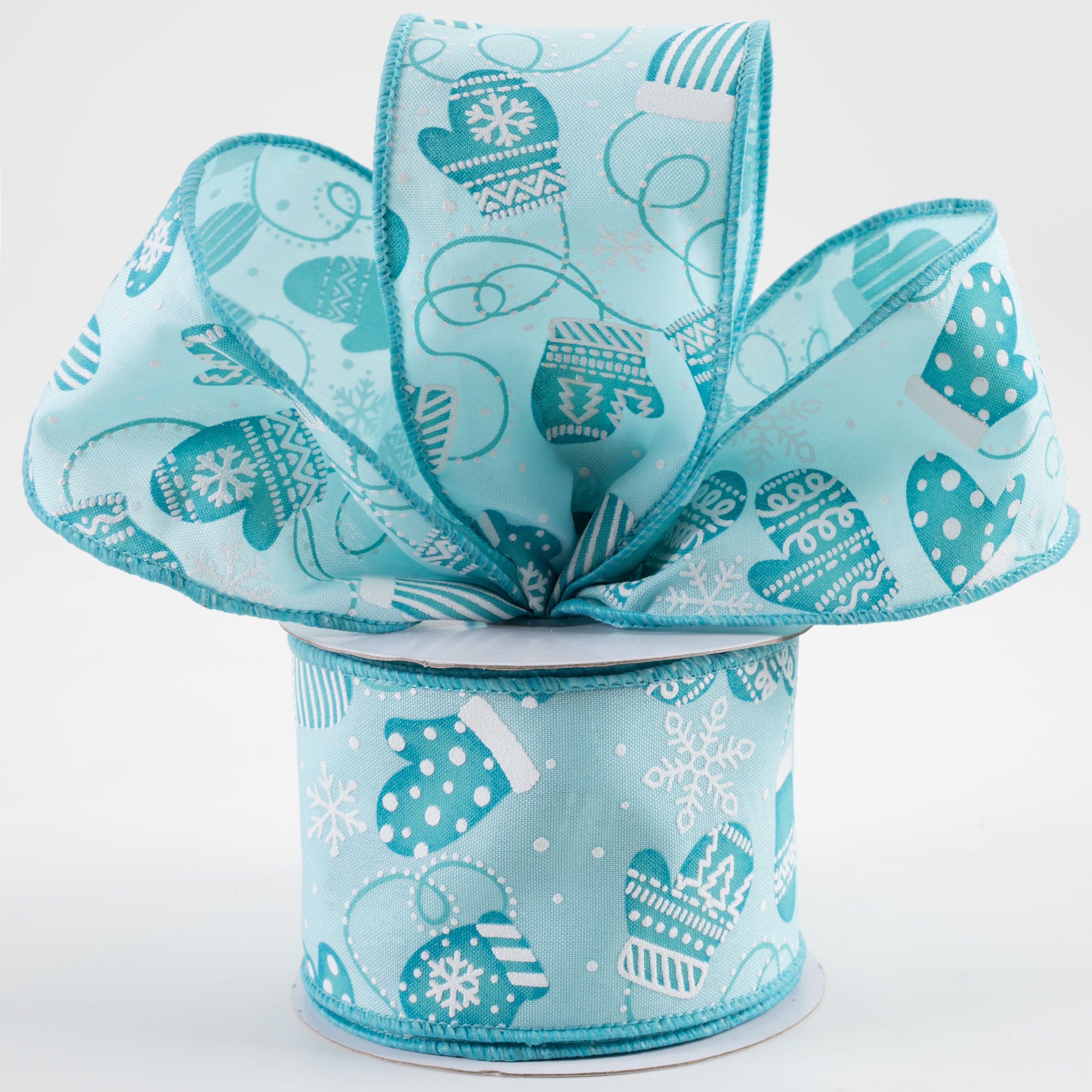 2.5" Christmas Mittens Ribbon: Soft Turquoise & Ice Blue (10 Yards) Lifestyle Photo