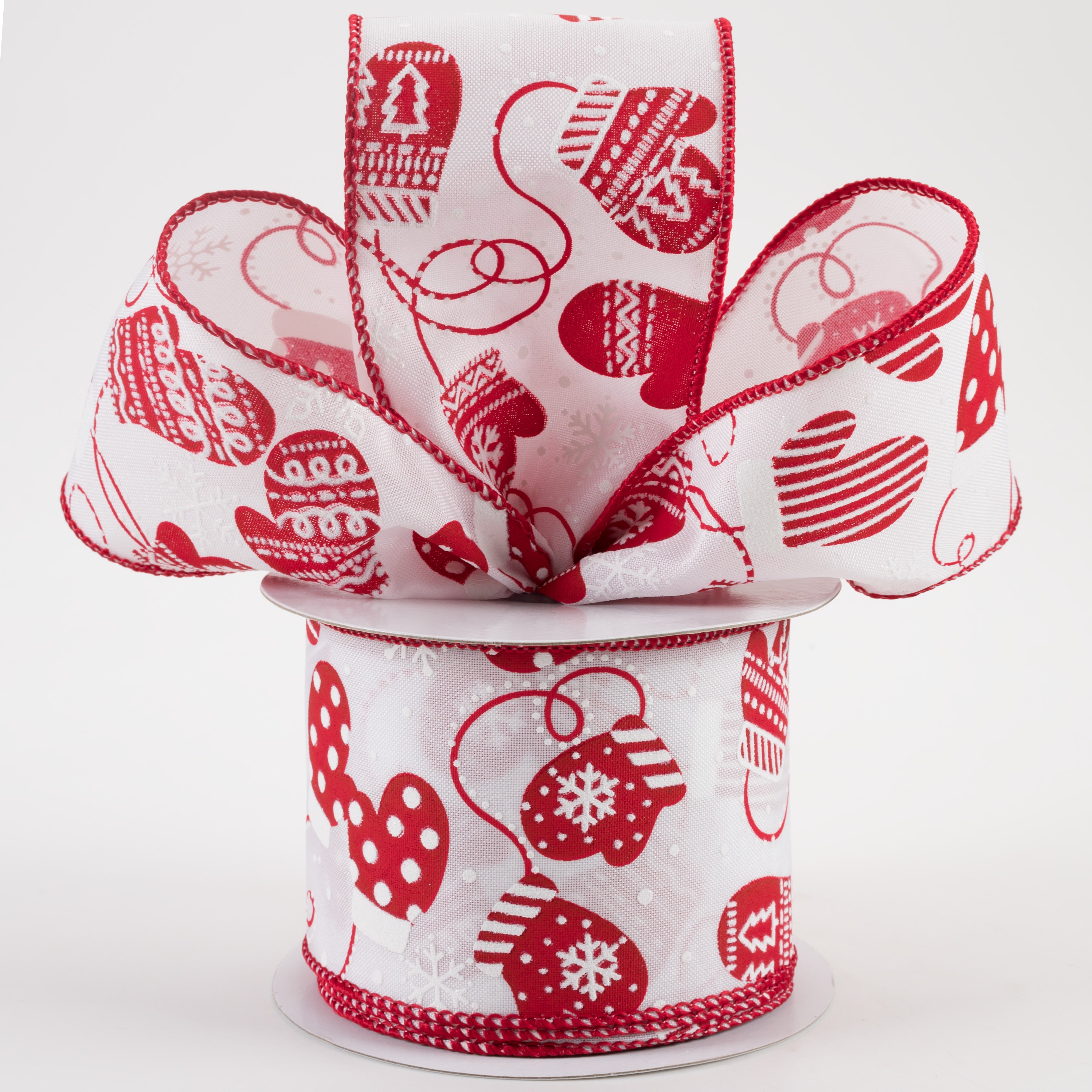 2.5" Christmas Mittens Ribbon: White & Red (10 Yards) Lifestyle Photo