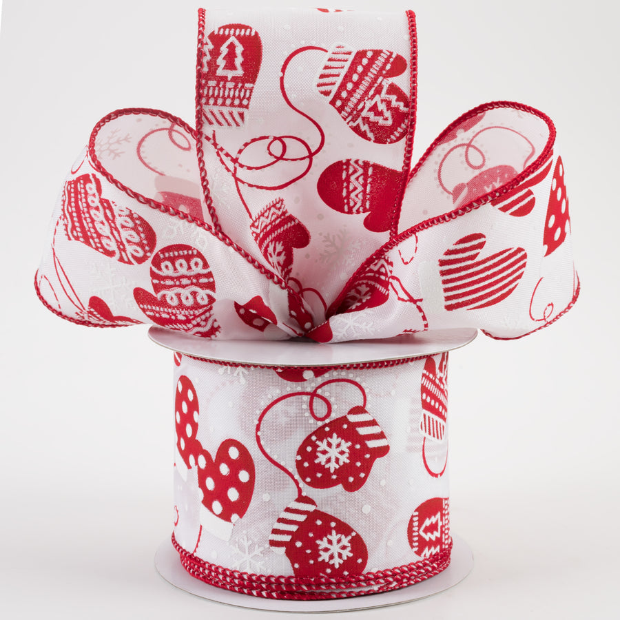 2.5" Christmas Mittens Ribbon: White & Red (10 Yards) Lifestyle Photo