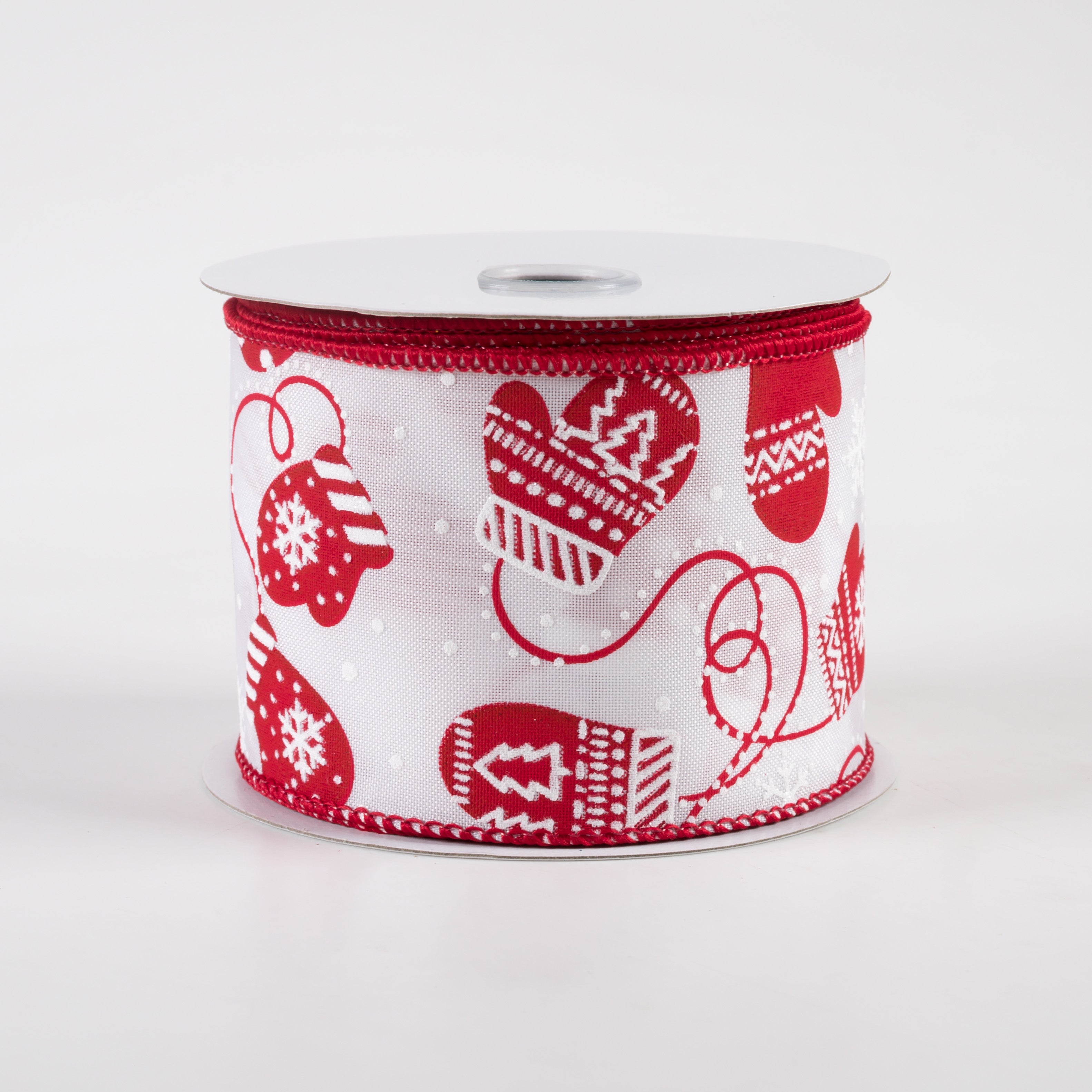 2.5" Christmas Mittens Ribbon: White & Red (10 Yards)