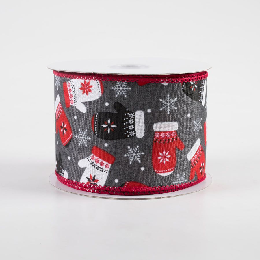 2.5" Christmas Mittens Snowflakes Ribbon: Gray (10 Yards)