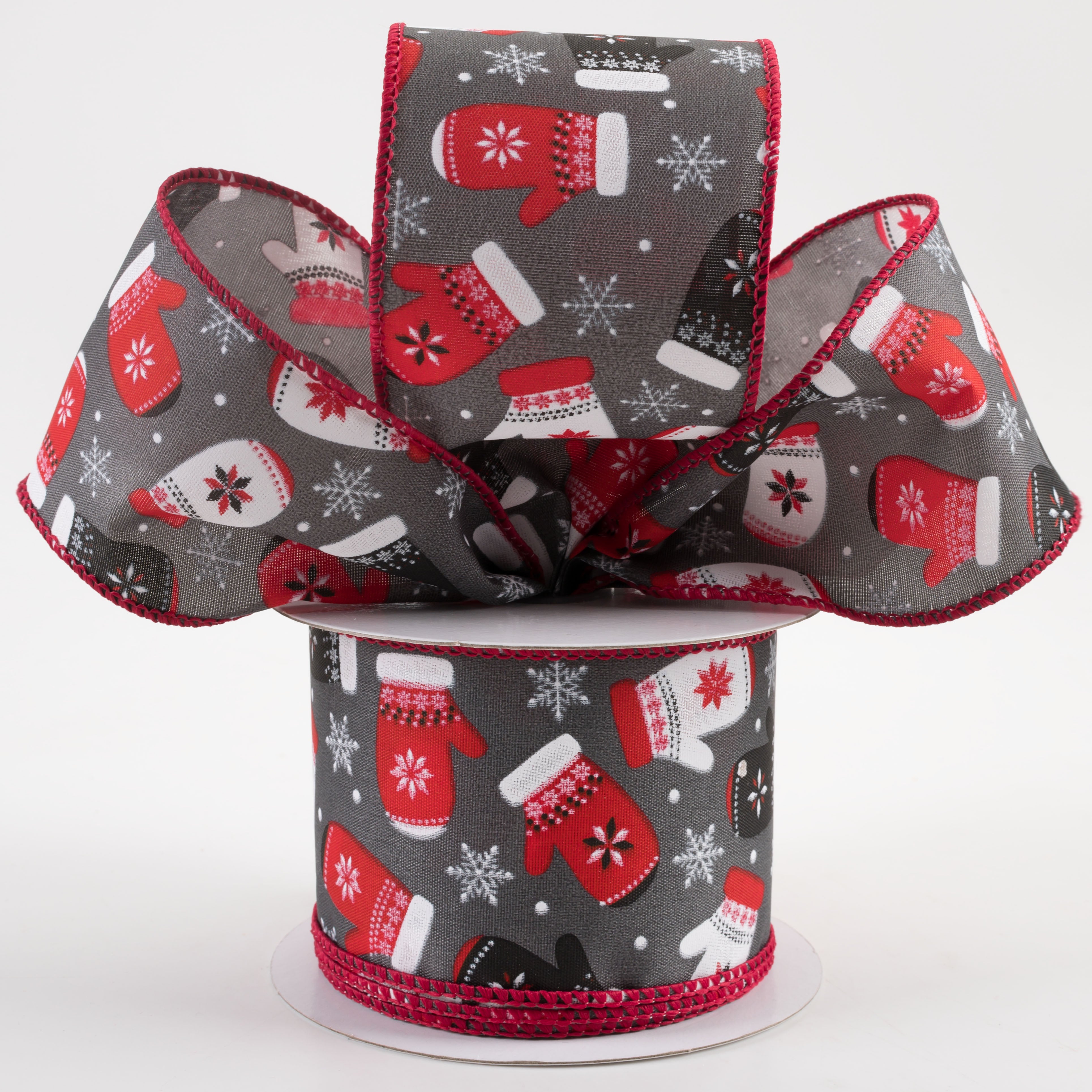 2.5" Christmas Mittens Snowflakes Ribbon: Gray (10 Yards) Lifestyle Photo