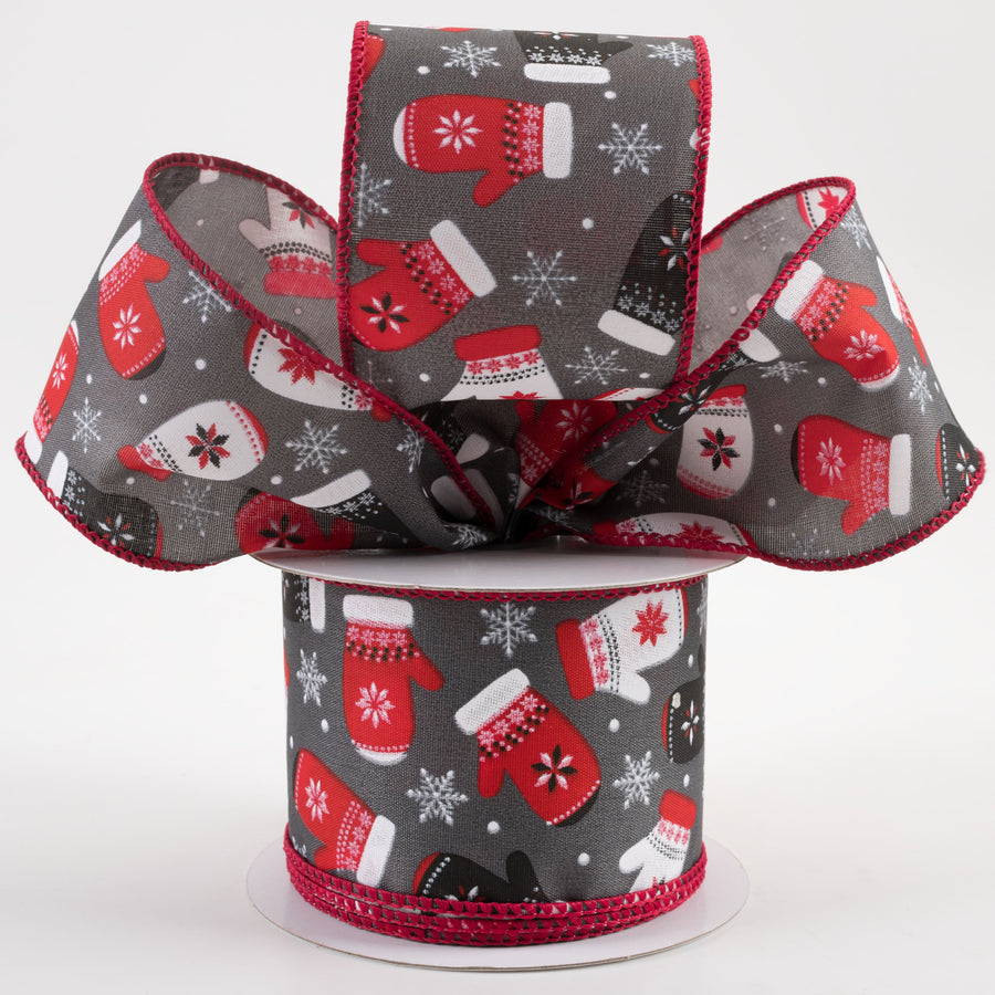 2.5" Christmas Mittens Snowflakes Ribbon: Gray (10 Yards) Lifestyle Photo
