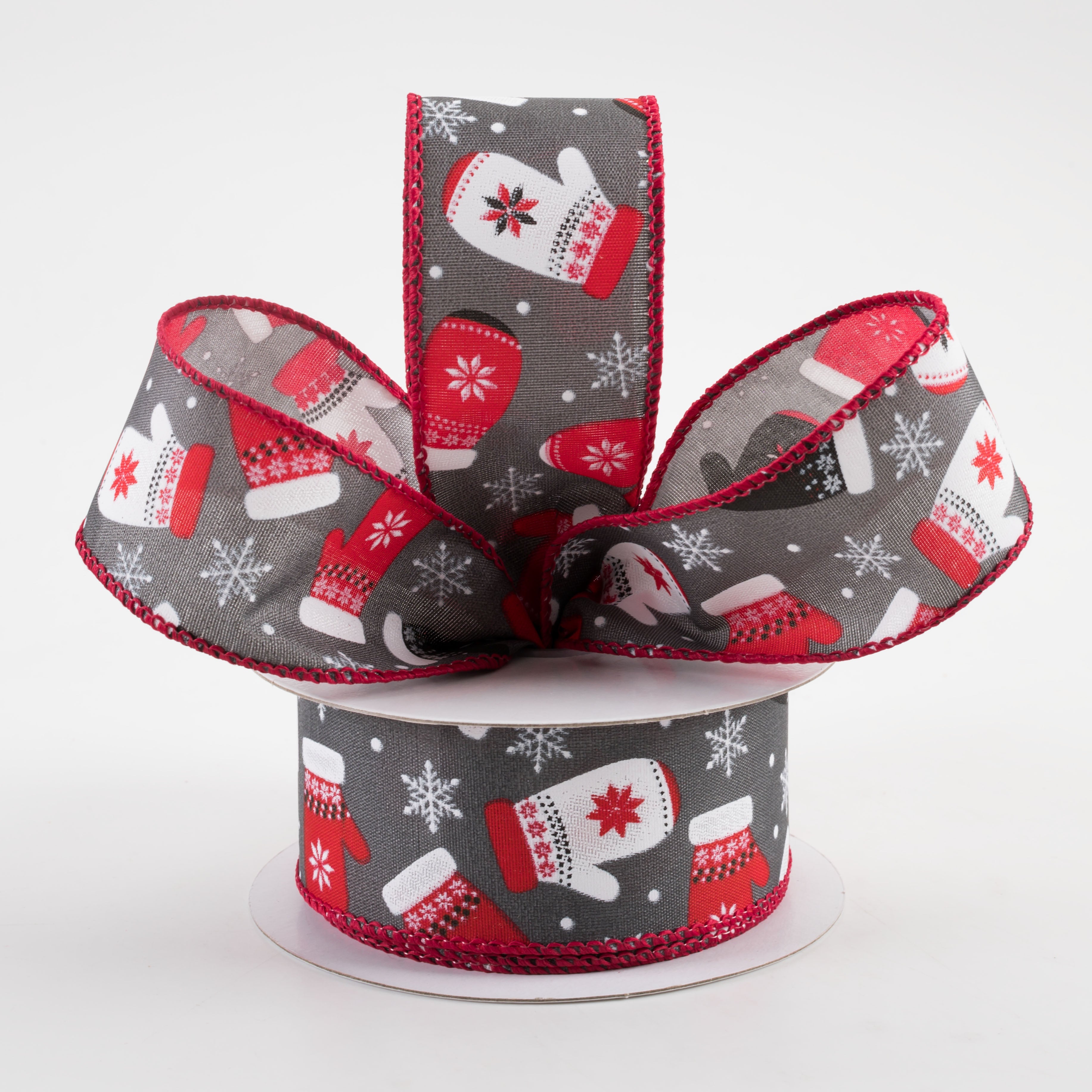 1.5" Christmas Mittens Snowflakes Ribbon: Gray (10 Yards) Lifestyle Photo