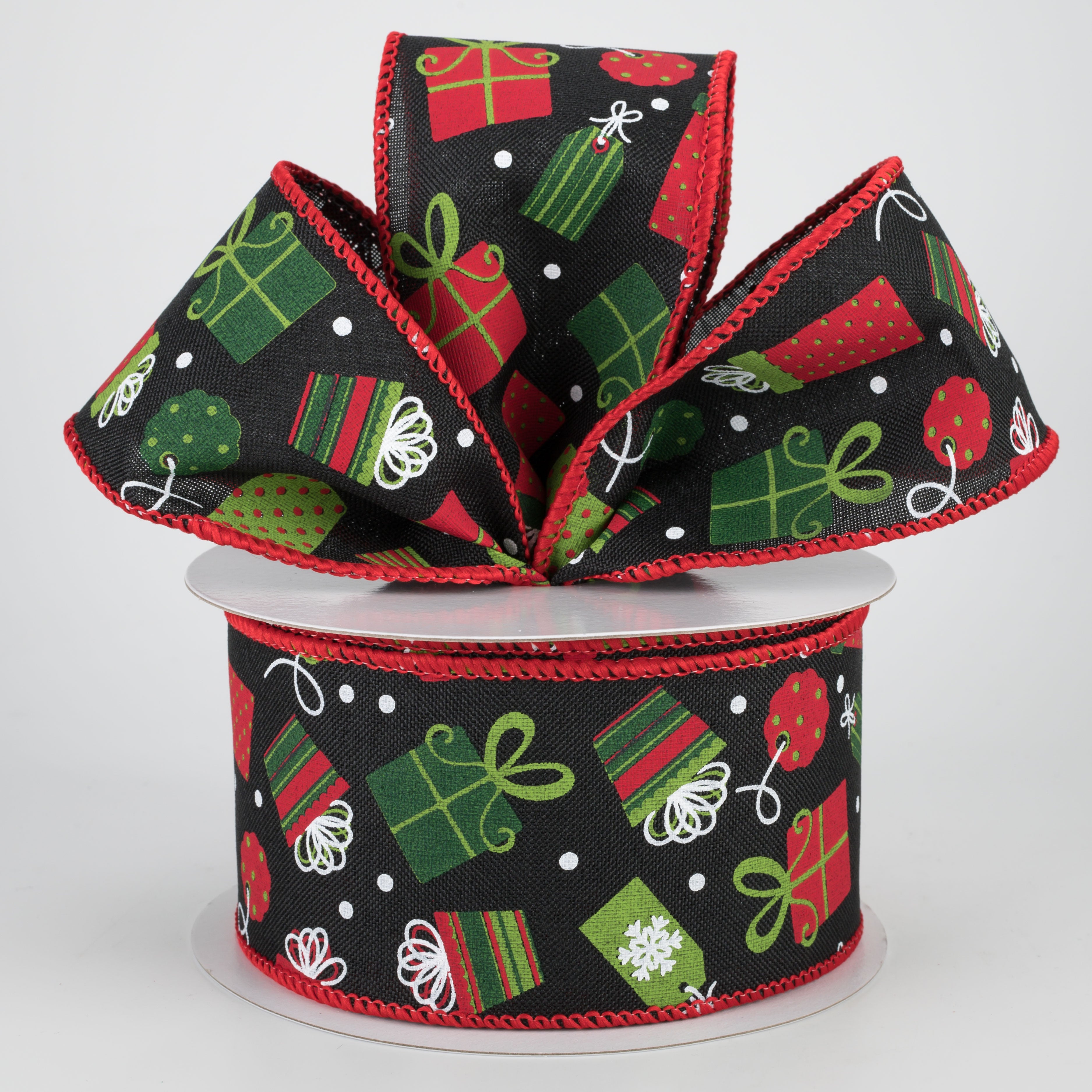 2.5" Christmas Presents Ribbon: Black (10 Yards) Lifestyle Photo