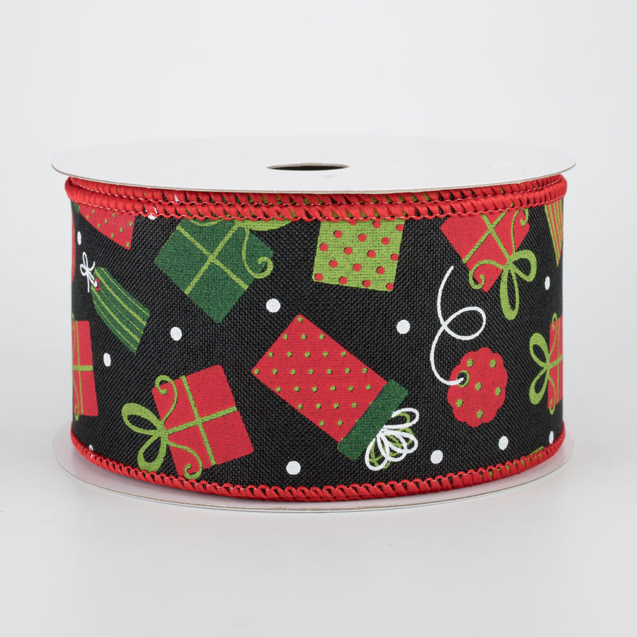 2.5" Christmas Presents Ribbon: Black (10 Yards)