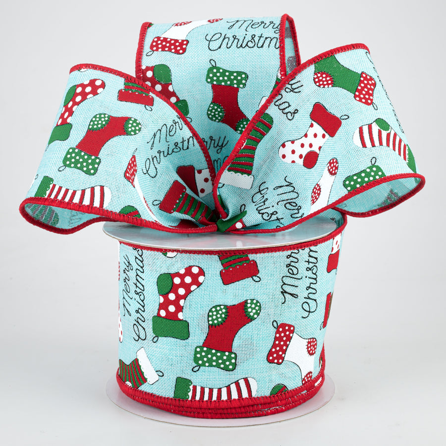 2.5" Christmas Stockings Ribbon: Ice Blue (10 Yards) Lifestyle Photo