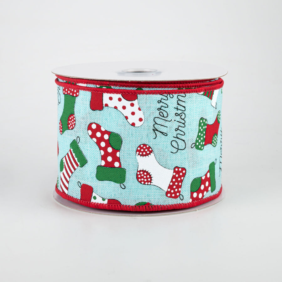 2.5" Christmas Stockings Ribbon: Ice Blue (10 Yards)