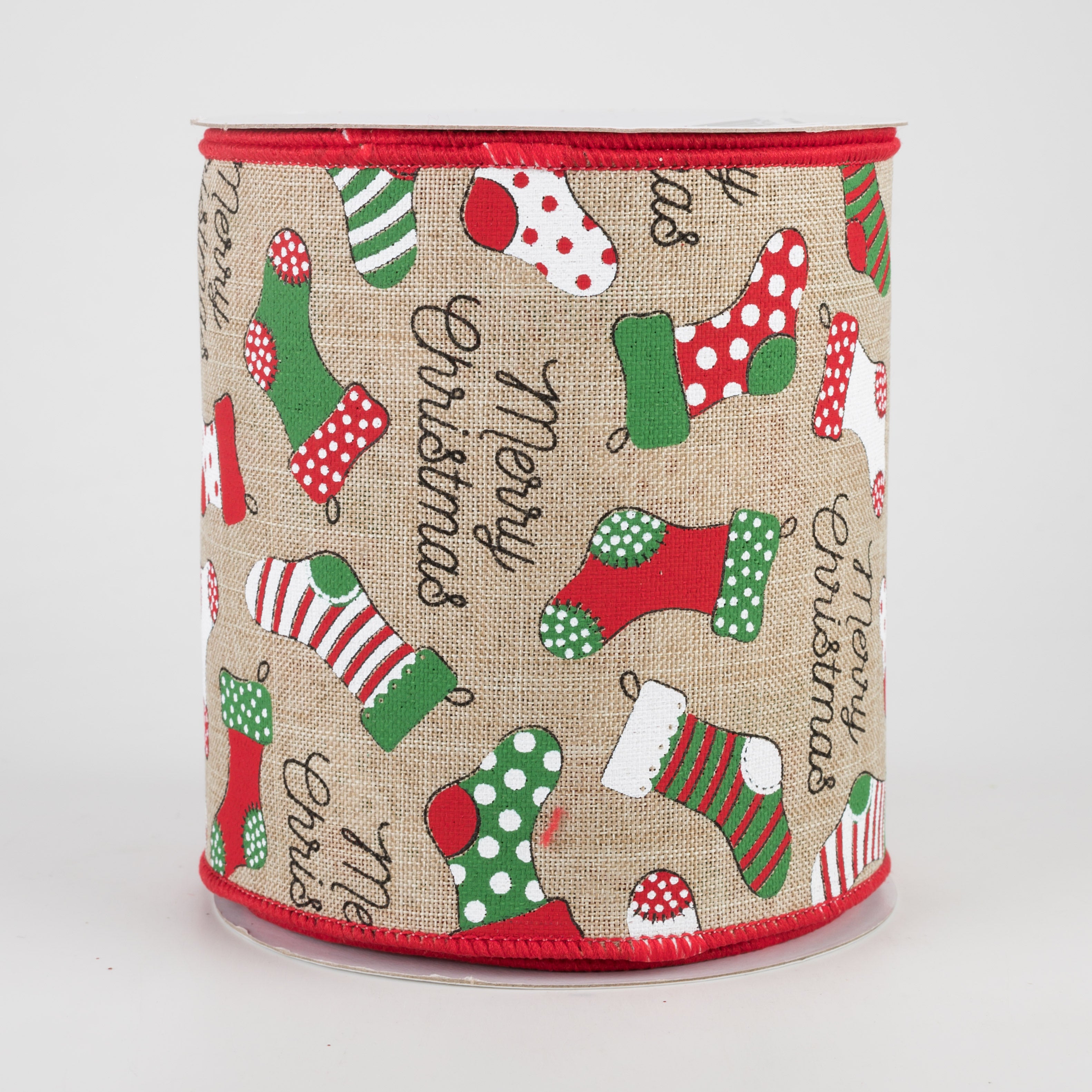 4" Christmas Stockings Ribbon: Natural (10 Yards)