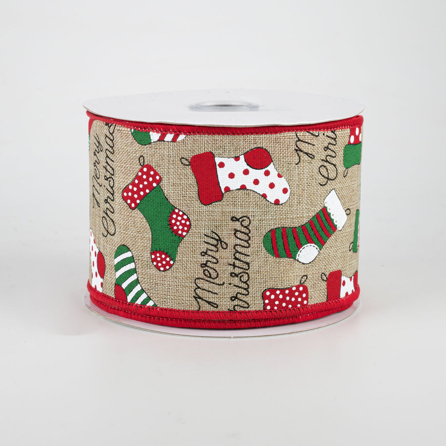 2.5" Christmas Stockings Ribbon: Natural (10 Yards)