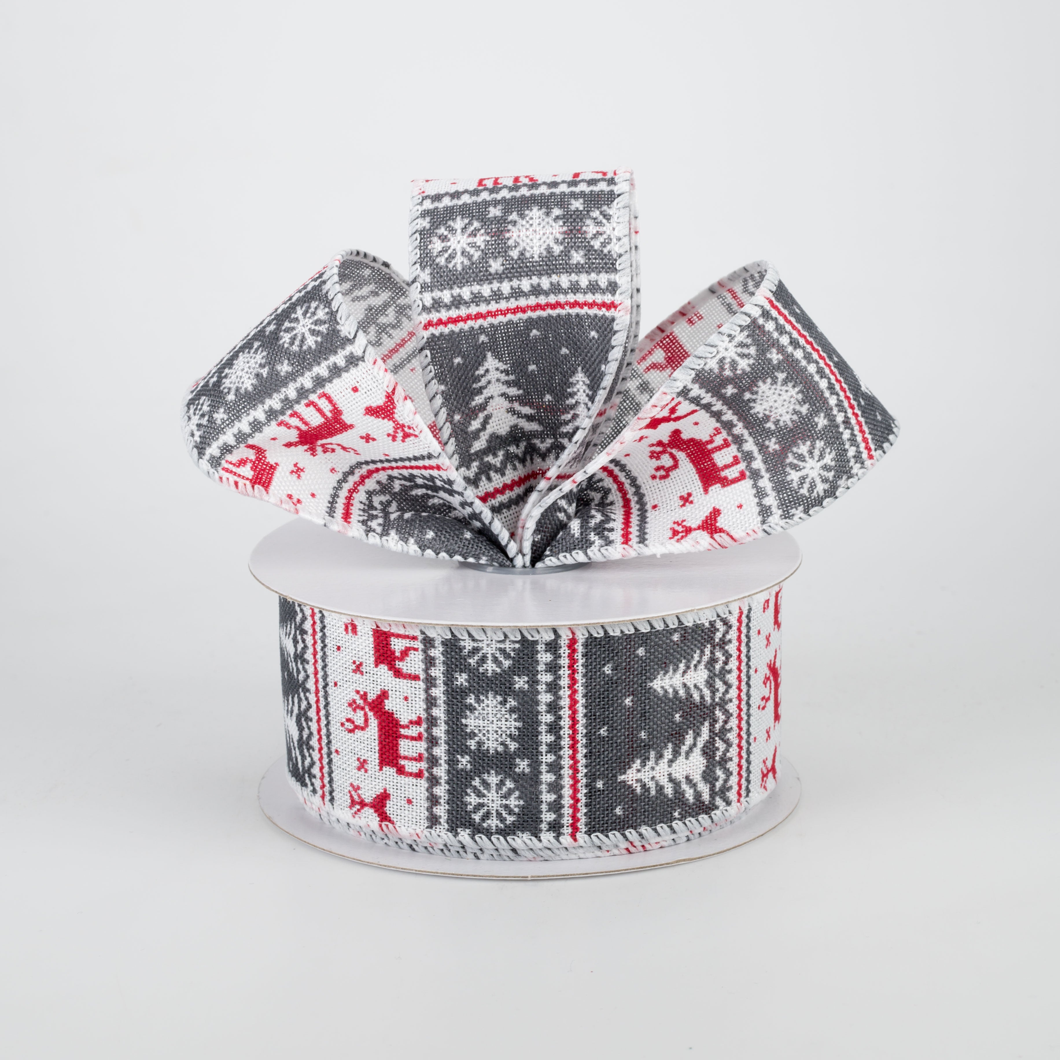 1.5" Christmas Sweater Canvas Ribbon: Grey & Red (10 Yards) Lifestyle Photo