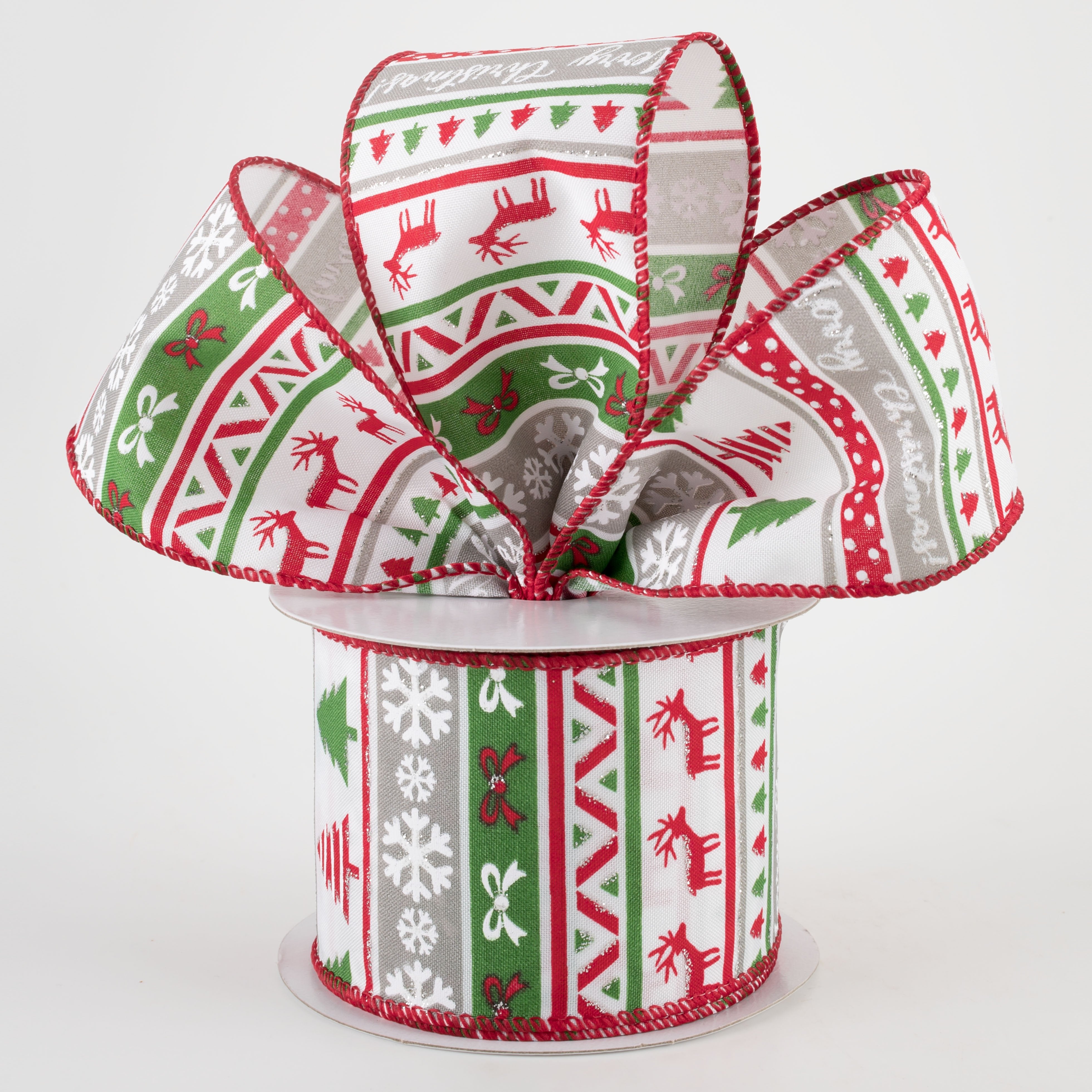 2.5" Christmas Sweater Stripes Ribbon: Grey, Green, Red (10 Yards) Lifestyle Photo