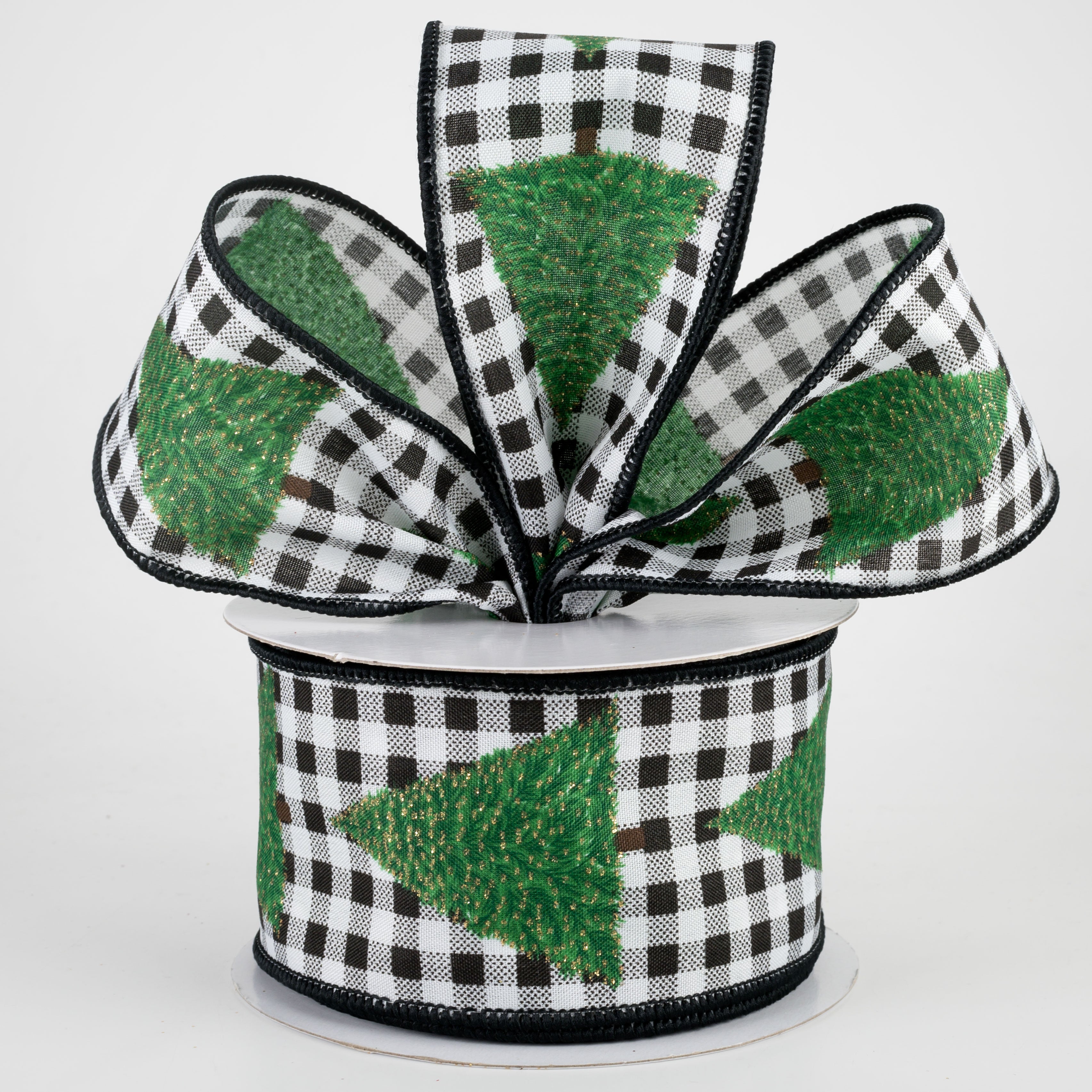 2.5" Christmas Tree Gingham Check Ribbon: Black & White (10 Yards) Lifestyle Photo
