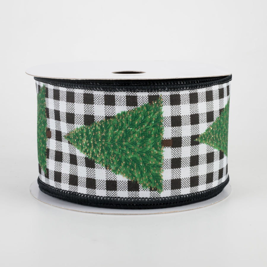 2.5" Christmas Tree Gingham Check Ribbon: Black & White (10 Yards)
