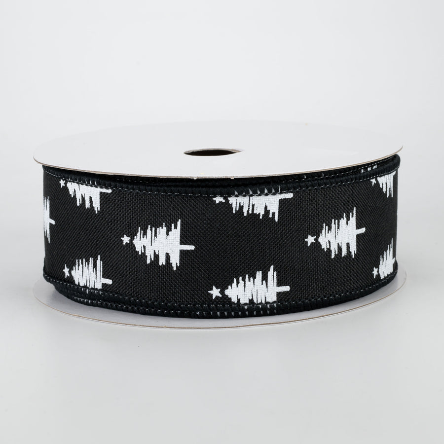 1.5" Christmas Trees Ribbon: Black (10 Yards)