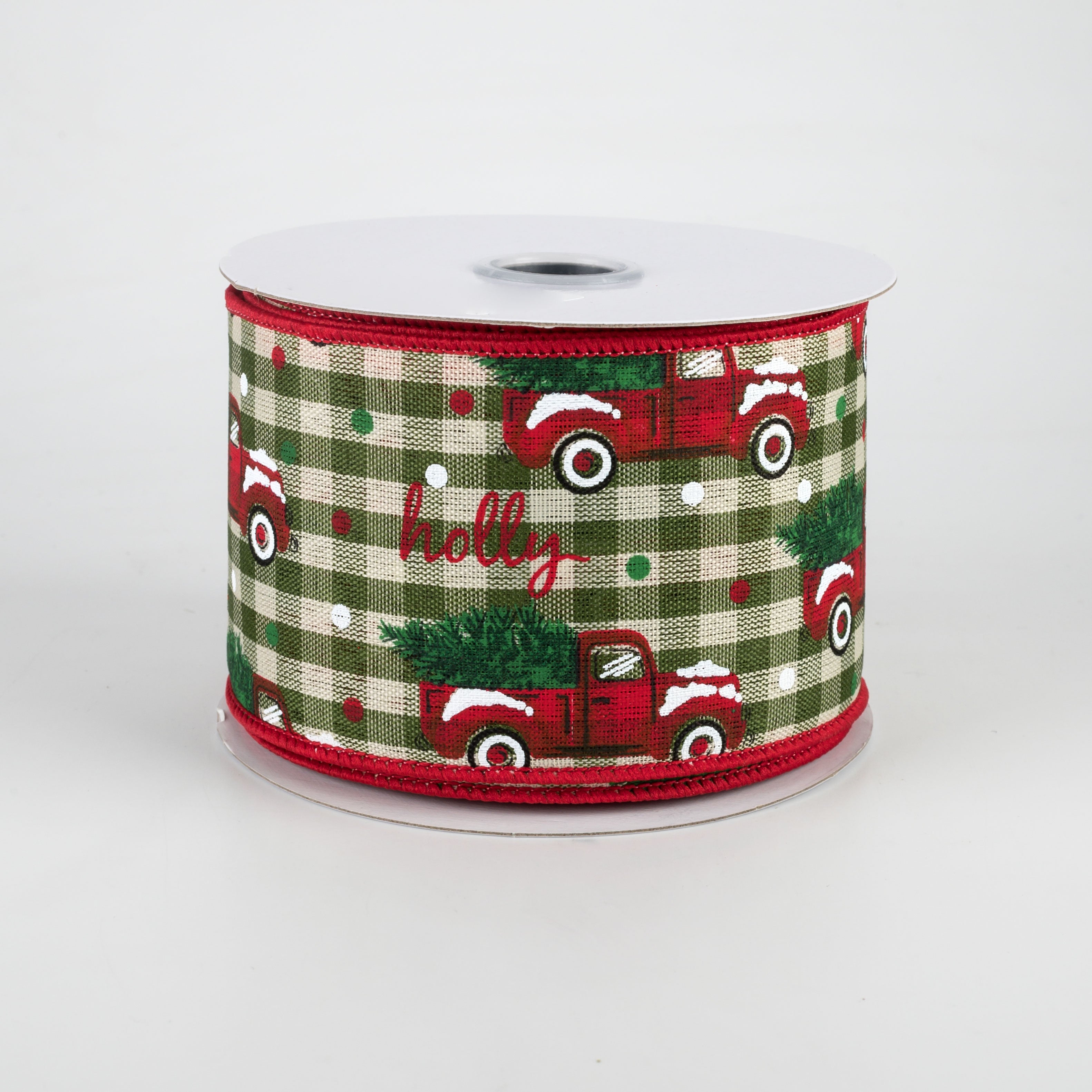 2.5" Christmas Trucks Polka Dot Check Ribbon: Sage & Ivory (10 Yards)