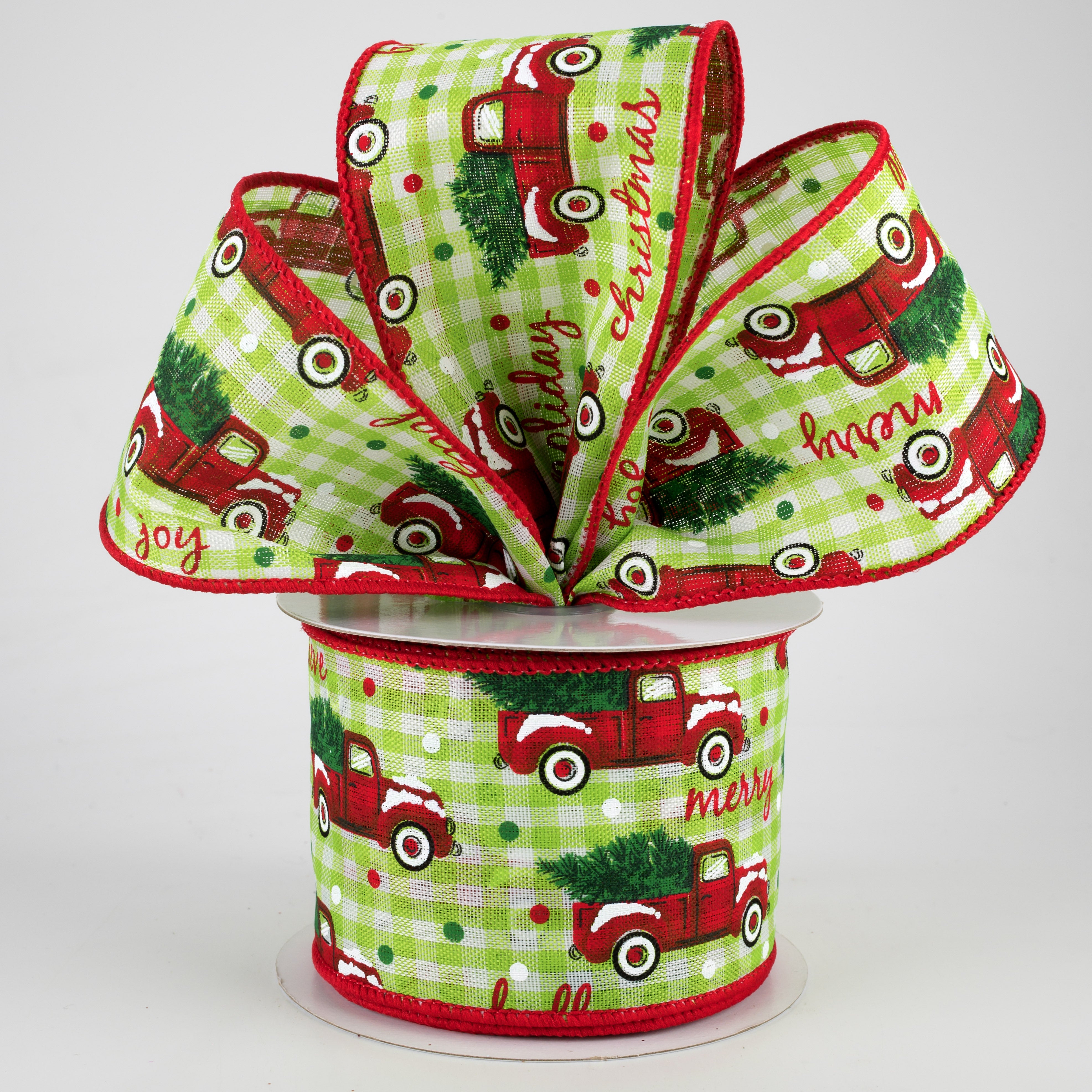 2.5" Christmas Trucks Polka Dot Check Ribbon: Spring Green & White (10 Yards) Lifestyle Photo