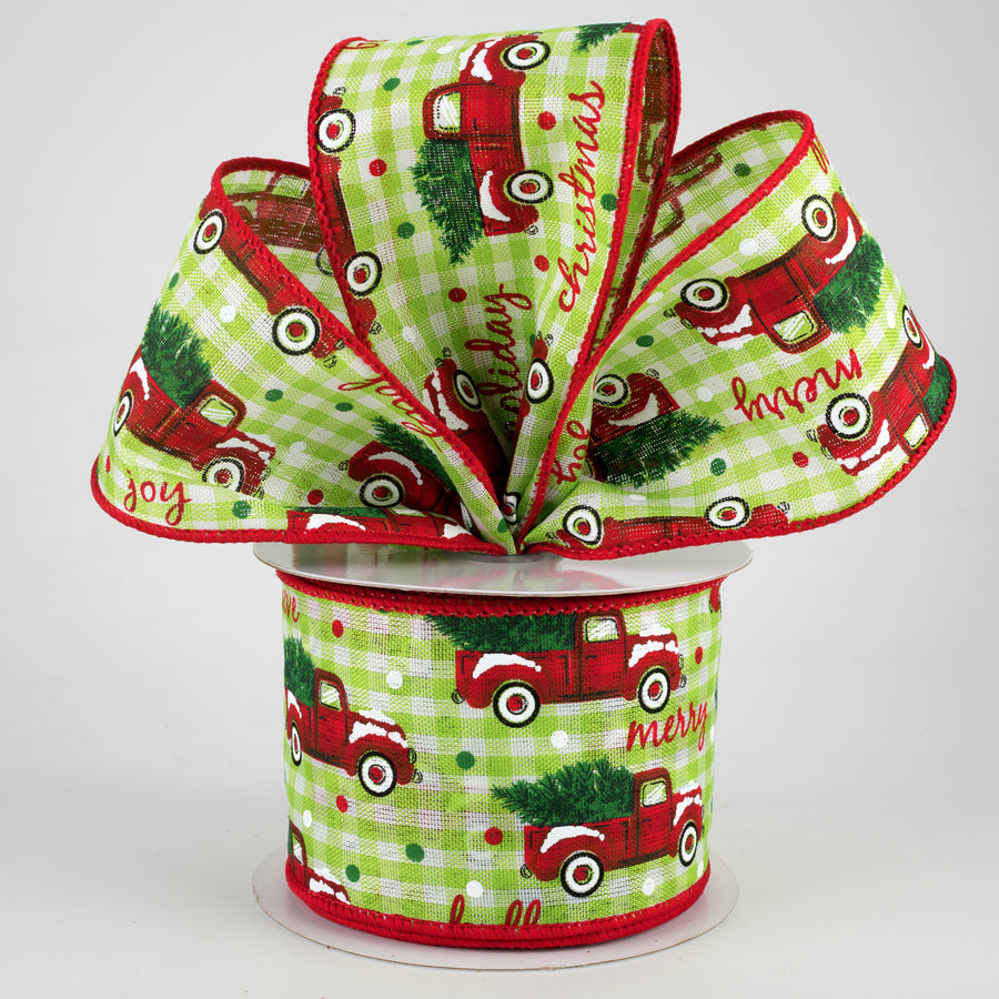 2.5" Christmas Trucks Polka Dot Check Ribbon: Spring Green & White (10 Yards) Lifestyle Photo