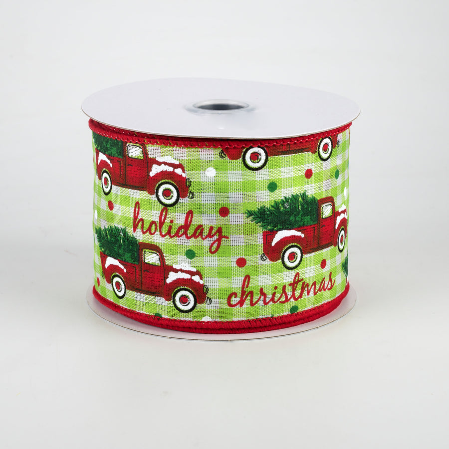 2.5" Christmas Trucks Polka Dot Check Ribbon: Spring Green & White (10 Yards)